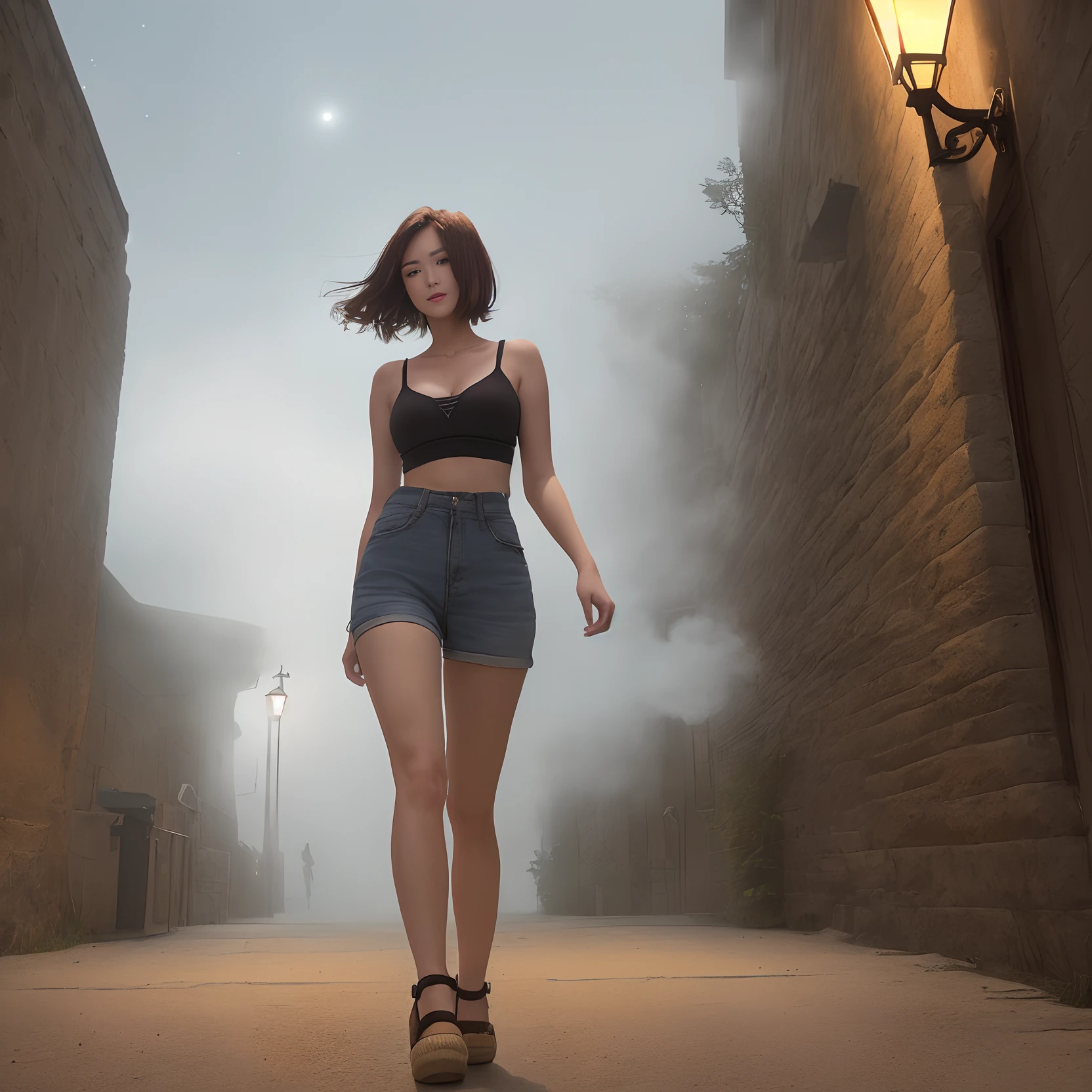 A deep alley without man,A young girl walks alone,Short hair covers the face,(masuter piece:1.3)、(8K、top-quality: 1.4、tmasterpiece、 hyper HD、 Top resolution,、The is very detailed、 profesional lighting、 Gray light illumination、low angle from below、nighttime scene、I see the stars、(Tall walls、streetlight、Blow steam into the landscape、Fog in the landscape、Foggy)、Beautuful Women, a small face、white skinned、young 17 years old、Bright smile、(brunette color hair、Shrinking Bob hair、Wolf Carter、round hair、thin and long legs、Beautiful hip line、Beautiful spine、Back contraction、toned waist、Emphasize the hip line、Brown eyes,The face is a little red, Beautiful udder、The breasts are A-cups、espadrilles、