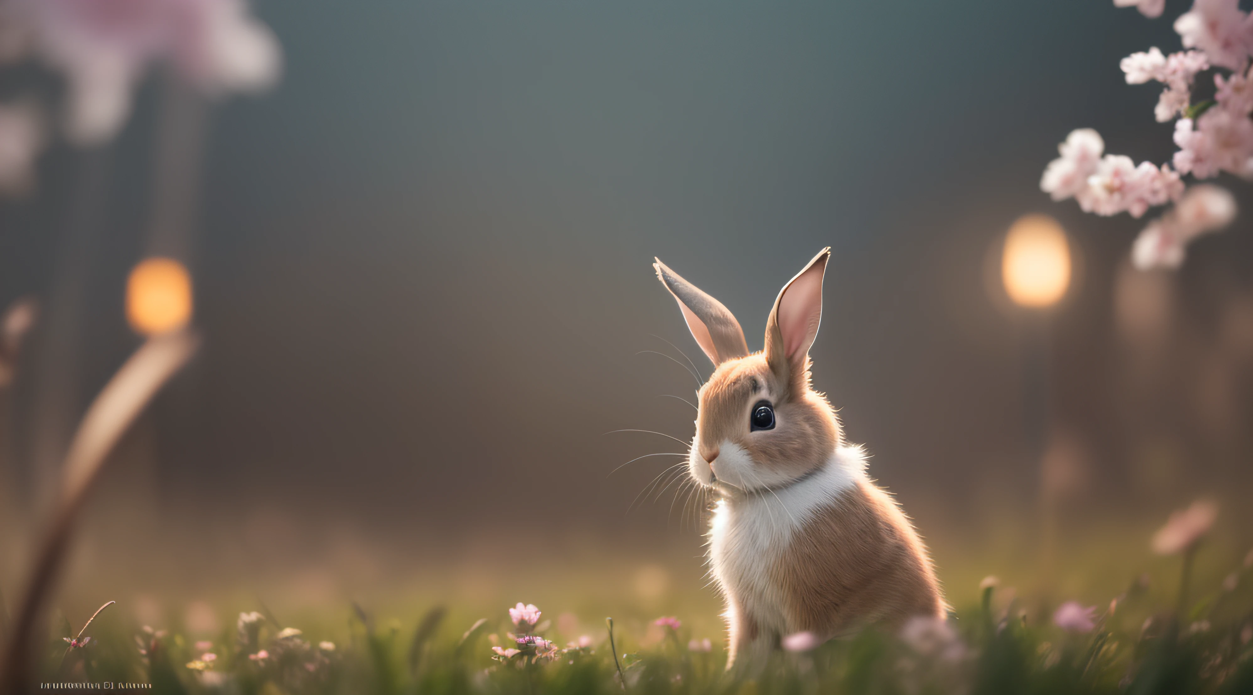 （Rained），Close up photo of rabbit in enchanted forest，clean backdrop，depth of fields，largeaperture，photography of，during night，volume fog，Halo，blooms，Dramatic atmosphere，at centre，the rule of thirds，200 mm 1.4F macro shooting
