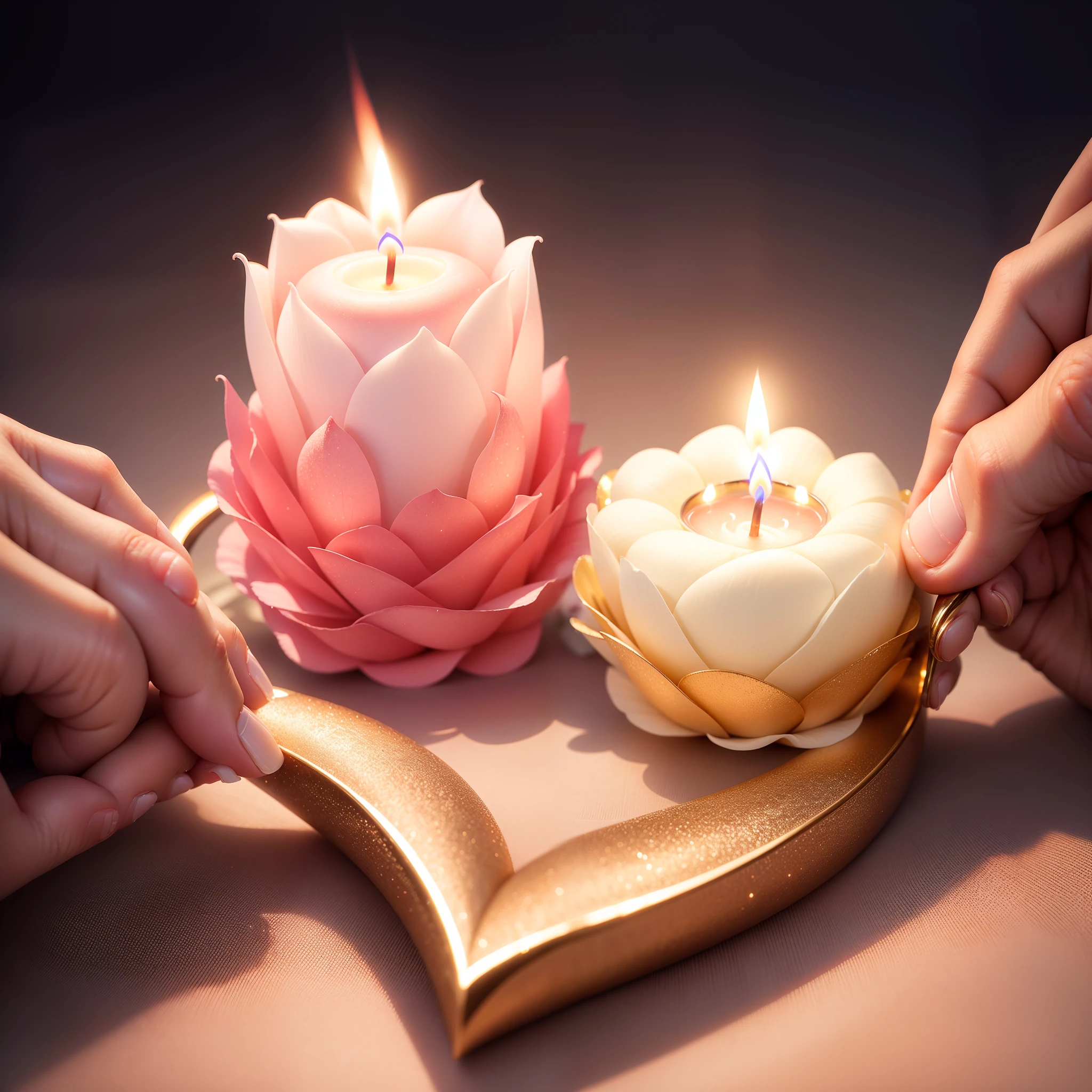 Photo of realistic hand holding flower candle, Vela rosa, vela com glitter, vela com chama iluminada, super realista, Hiper realista, 8k.