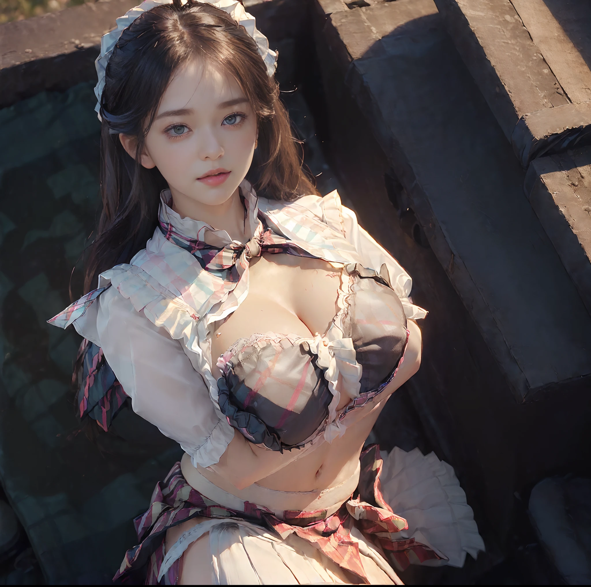 (top-quality、masterpiece)、(Realistic lighting with shadows)、elegent、(A hyper-realistic:1.5)、Stylish, canny, traditional, artistic, intricate detailes、(Perfect anatomical depiction of the human body)、1girl in, ( Huge breasts :1.6), She is a age girl、Beautiful bright blue eyes squinting dazzlingly、Small lips without lipstick、Brunette hair fluttering in the wind、She has half-up hair that shines in the backlight of the setting sun, Eta、She is a schoolgirl summer outfit、 (The skirt is a tartan plaid micro mini pleat:1.9)、(Neat white blouse and white panties:1.5)、 (Thin crimson ribbon ties:1.5), (The blouse closes tightly from the neck to the skirt, So you can't see the skin., So the girl's breasts are not exposed at all.:1.9)、(The blouse is very cramped because the chest is so large:1.9)、 (She's in a sexy pose:1.5)、Shot in a garden full of flowers at sunset、This photo was taken with a cute smile with narrowed eyes as if a wonderful flower was blooming in front of me...., (Pull up the skirt to show the panties from the front:1.9), (the face is chubby:1.3), perfect anatomia, A detailed face, close up of face, irene1,