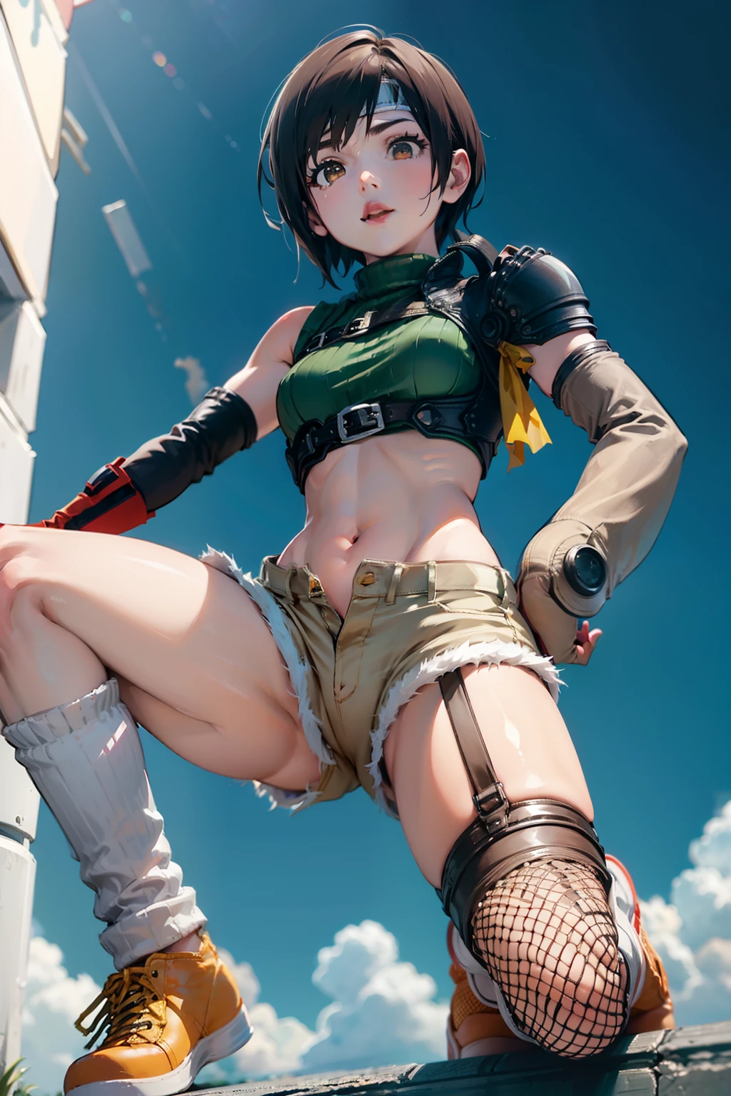 hight resolution、​masterpiece、one girls、Yuffie Kisaragi、head band, sleeveless turtleneck, Shoulder Armor, arm guards, Fingerless gloves, So shorts, single thighhigh, fish net, sox, sneakers、From below