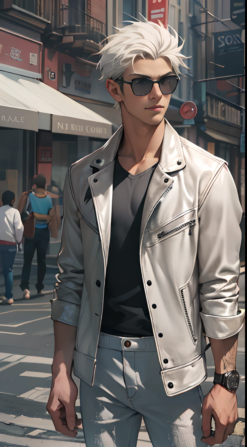 A man stands outside in the street, 20yr old，年轻，being thin，highr，Realistic lifelike characters, Handsome,rcasual，White pants，with short white hair，Lunette de soleil，Black leather jacket, cruel，Tides，wears dark glasses，32K, Best quality, Masterpiece, Super detail, High details