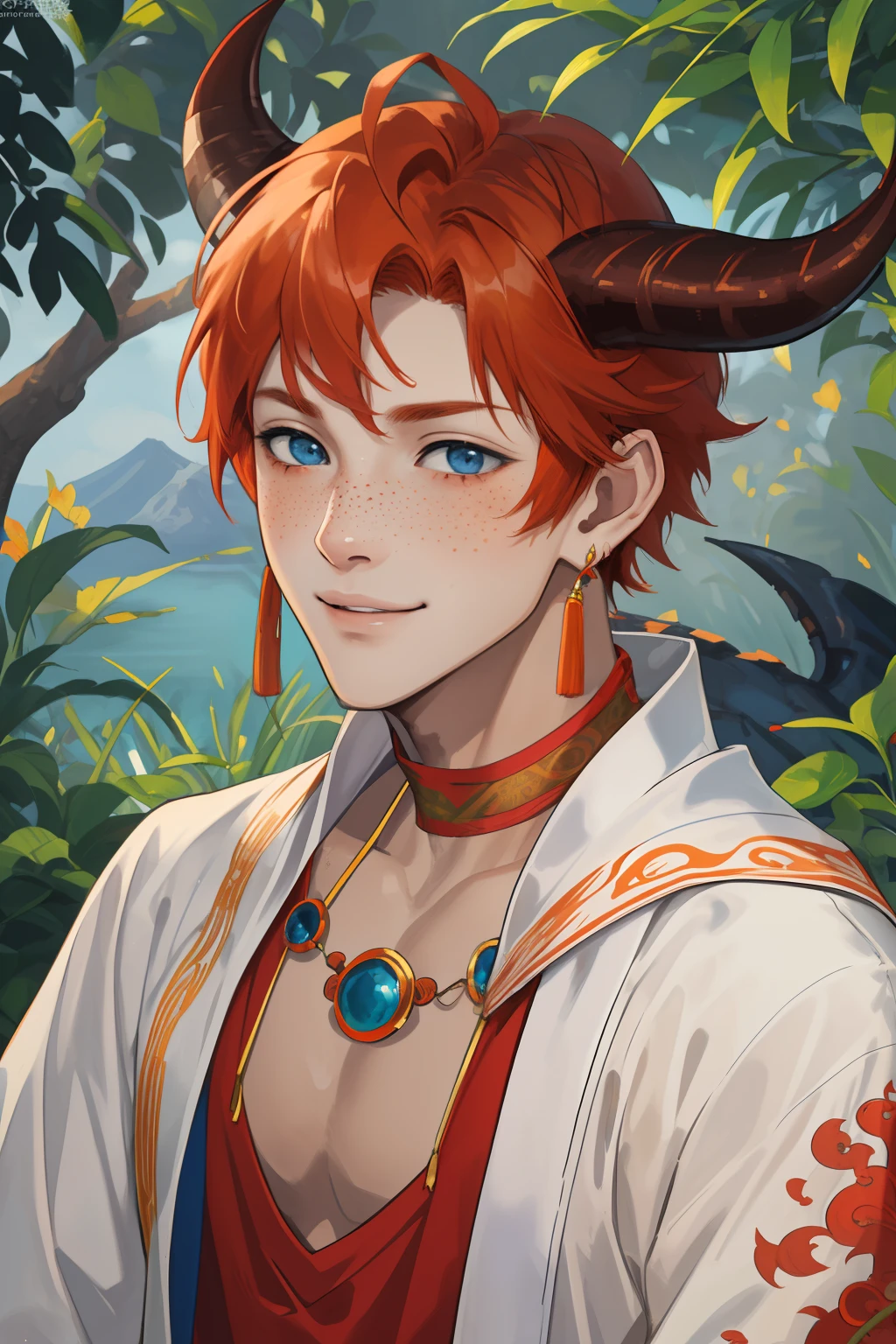nsfw, masterpiece, best quality, artstation, ultra-detailed, semi-realistic, anime, detailed facial features, 1boy, light red hair, (orange hair), short hair, detailed hair, (hair jewelry), (Freckles), blue soft eyes, dragon eyes, demon eyes, (wearing Women's ancient Indian inspired clothing), white and blue robes, (blue horns, one broken horn), japanese earrings, (indian theme), (brown skin), dragon tail, garden, (shy smile), pointy brown furry ears, dynamic pose, lagoon background, blush, nervous, almost naked