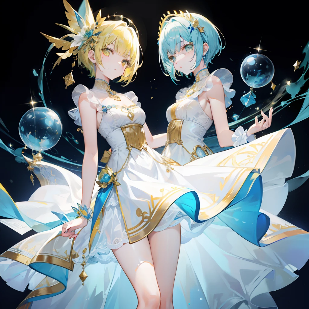 Transparent glue-like bluish yellow glow curved short hair,Wear a white dress with plenty of gold ornaments and transparent gummy blue ornaments,Looks slightly cute