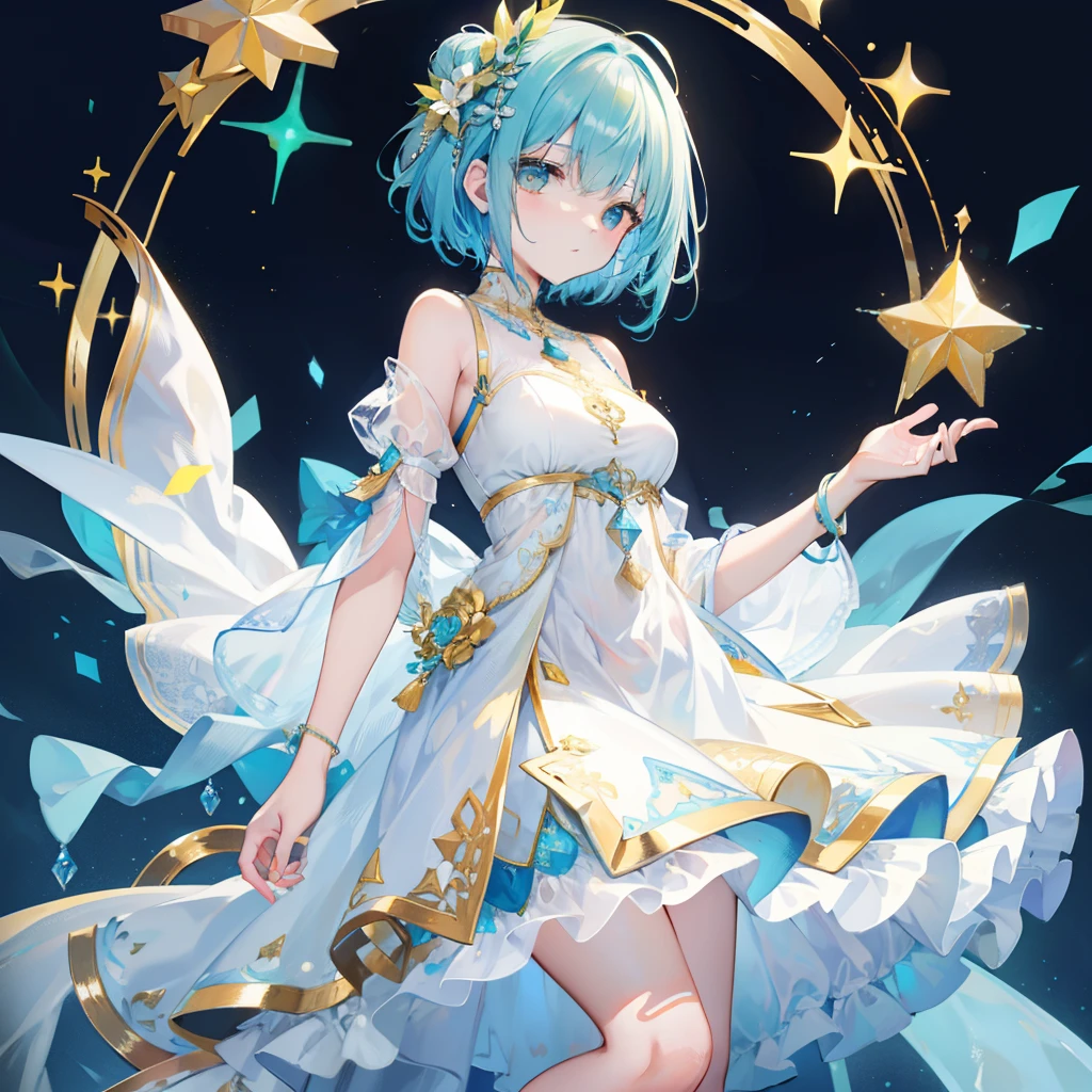 Transparent glue-like bluish yellow glow curved short hair，Wear a white dress with plenty of gold ornaments and transparent gummy blue ornaments，Looks slightly cute