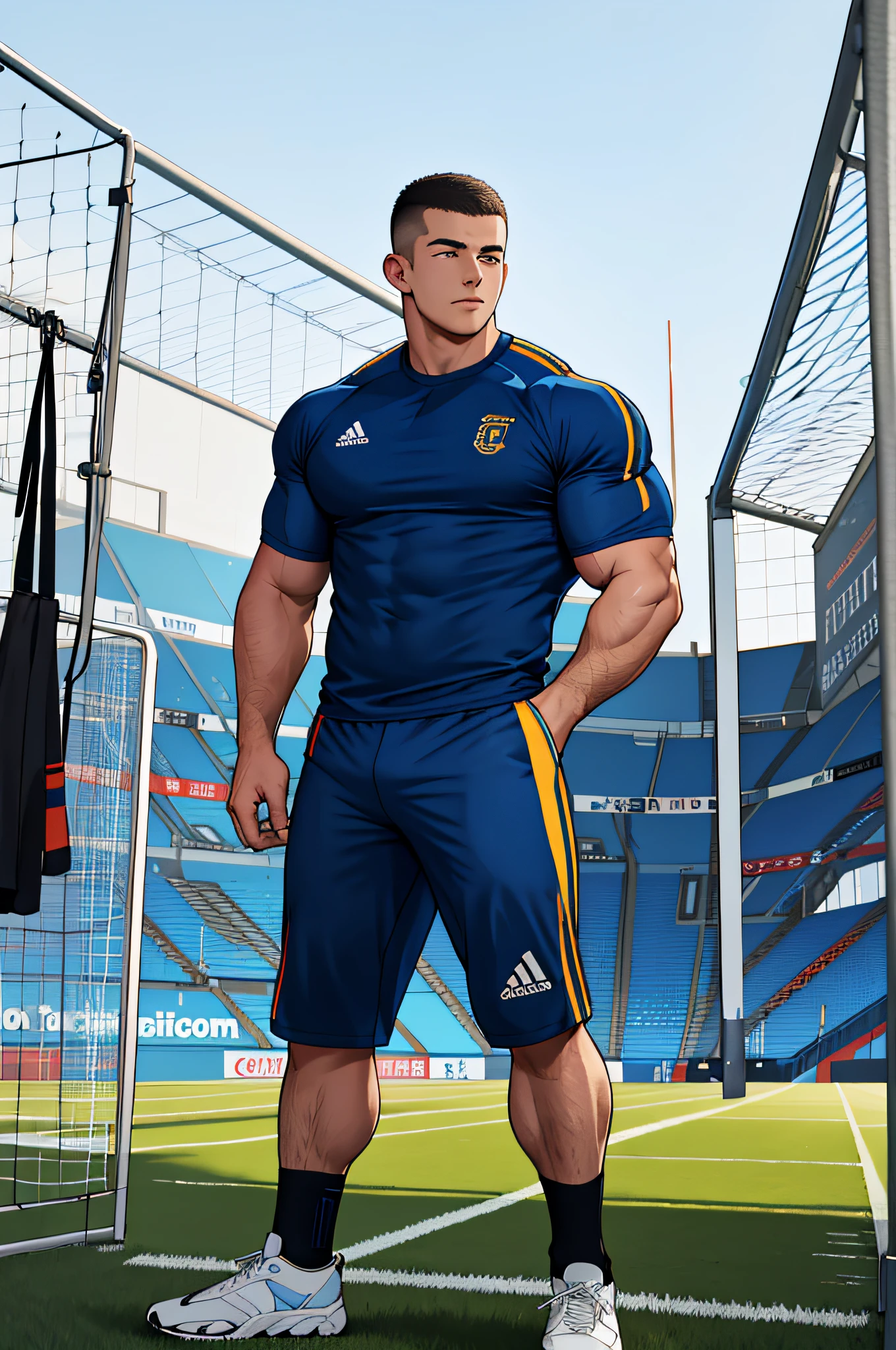 Draw a full-fledged athlete,Stand on the central field of the gym,He wears high-end sportswear,The man looks confident and determined,looking-down,Crew cut,full bodyesbian,shooting from below,
