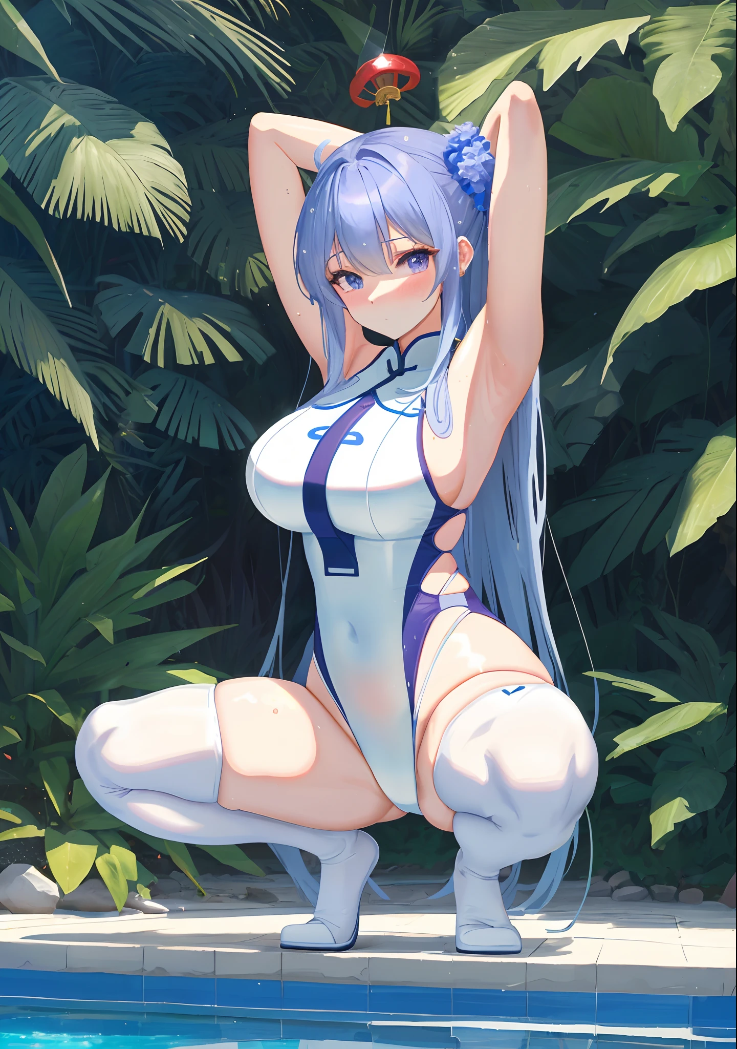 Anime girl with very big breasts and very big ass, full body Xianxia, small curvy ,((squatting)), full body,arms behind head,, {spread legs}, bow-leggedness, Crab crotch,((solo girl)), big, big ass, miniskirt, (( thighhigh)),((crotch))、(POV))))、,curvy,(thighhigh),(China dress))、(long slit)、pixiv3dcg,, negative, pixiv, ecchi, otporo potion, full body commission four, top rating on pixiv, ecchi anime style, seductive anime girl, pixiv, Allalin posing in white swimsuit by the pool, wet swimsuit, wearing swimsuit, full body shot in bikini, violet myers, swimsuit model, retro swimsuit, wearing white leotard, next to pool, sparkly swimsuit, portrait Sophie Mud, wearing white bikini, wearing wet white short dress, white bikini