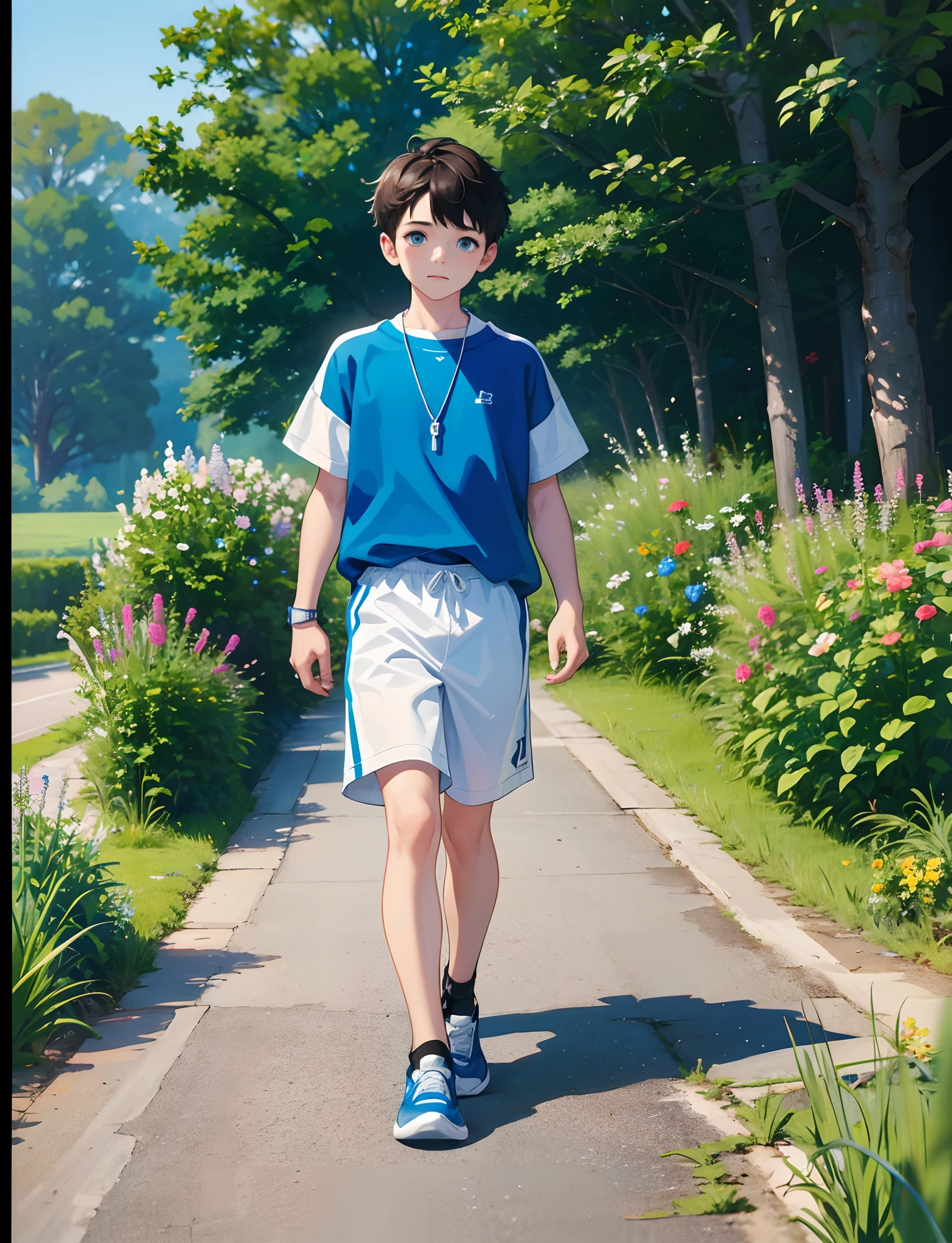 A young boy with，Wear sportswear，Wear sneakers，blue color eyes，With a necklace，Pushing the bike，Walking on a country road，There are flowers and plants by the road，staring right into camera，Full body photo，Ultra-high definition