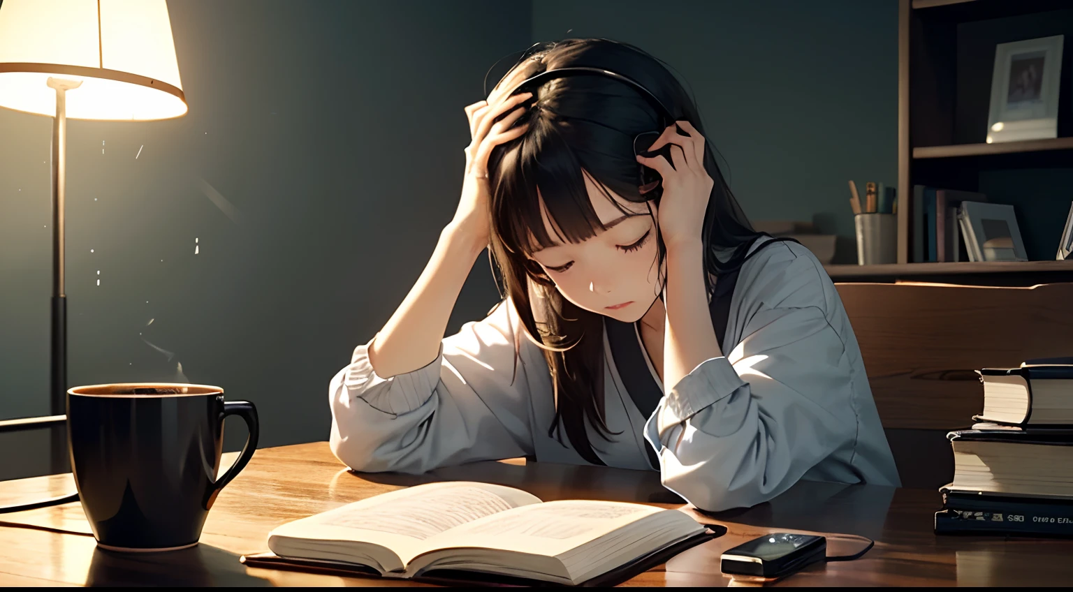 ((Lo-fi music for study: 1.3) +(japanese aesthetic: 1.1))E(study:0.9),Minimalist, environment, Subdued Color,peaceful, Relaxed, Heartfelt,tranquil,Slow pace,Improves concentration,encouragement, Night time, open book, Coffee Cup, Desk lamp, Light rain outside,pupils, Headphone on-head,lecture, productive.