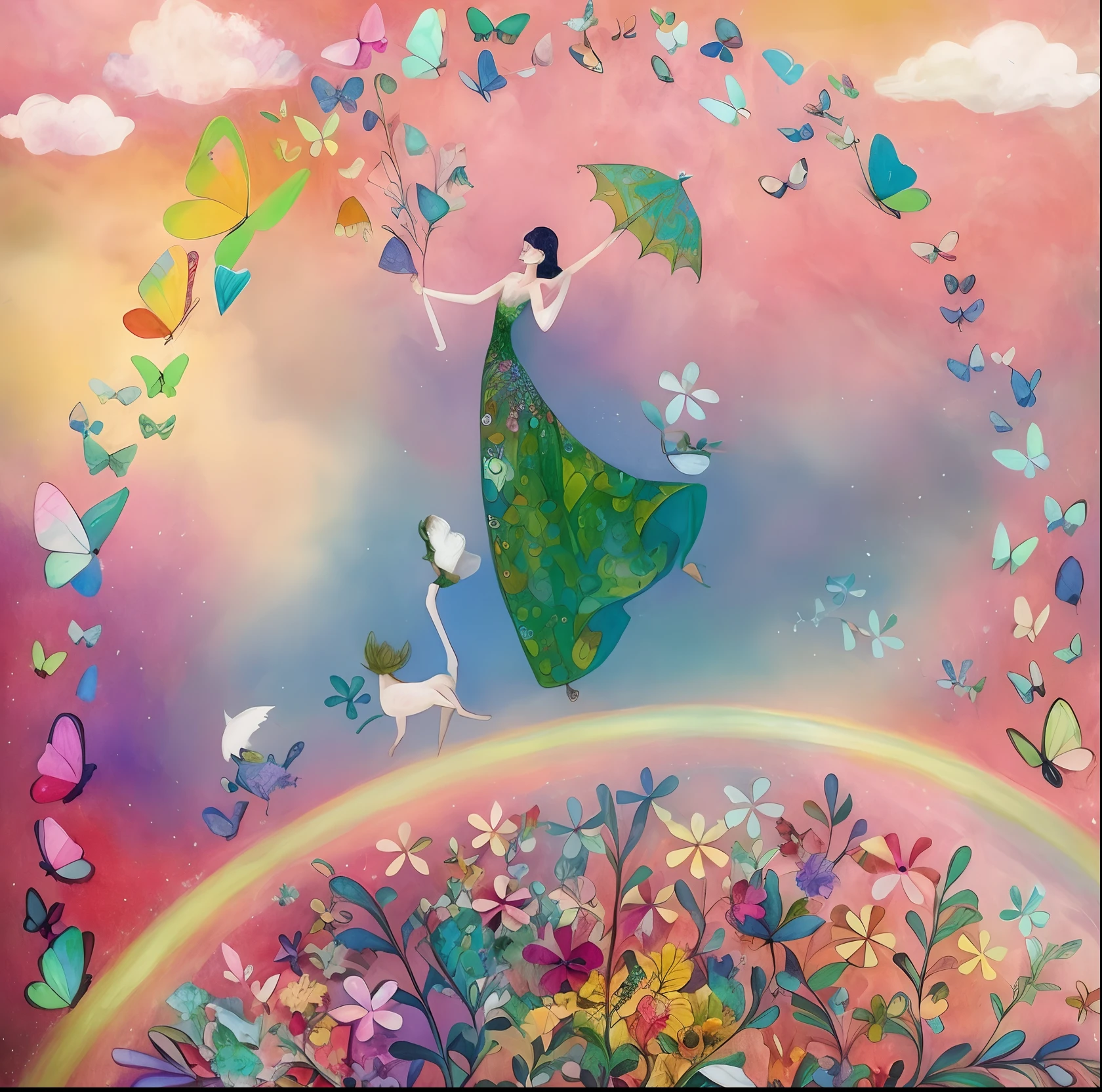 Painting of a woman in a dress flying over a rainbow, inspirado em Ida Rentoul Outhwaite, arte caprichosa, caprichoso!!, Fadas Voadoras, pintura de conto de fadas, ilustrado em estilo caprichoso, caprichoso!!!, Directed by: Fiona Rae, Jane Newland, caprichoso e fofo, whimsical and psychedelic, she is floating in the air, fairy magnificent, a beautiful artwork illustration, arte de conto de fadas