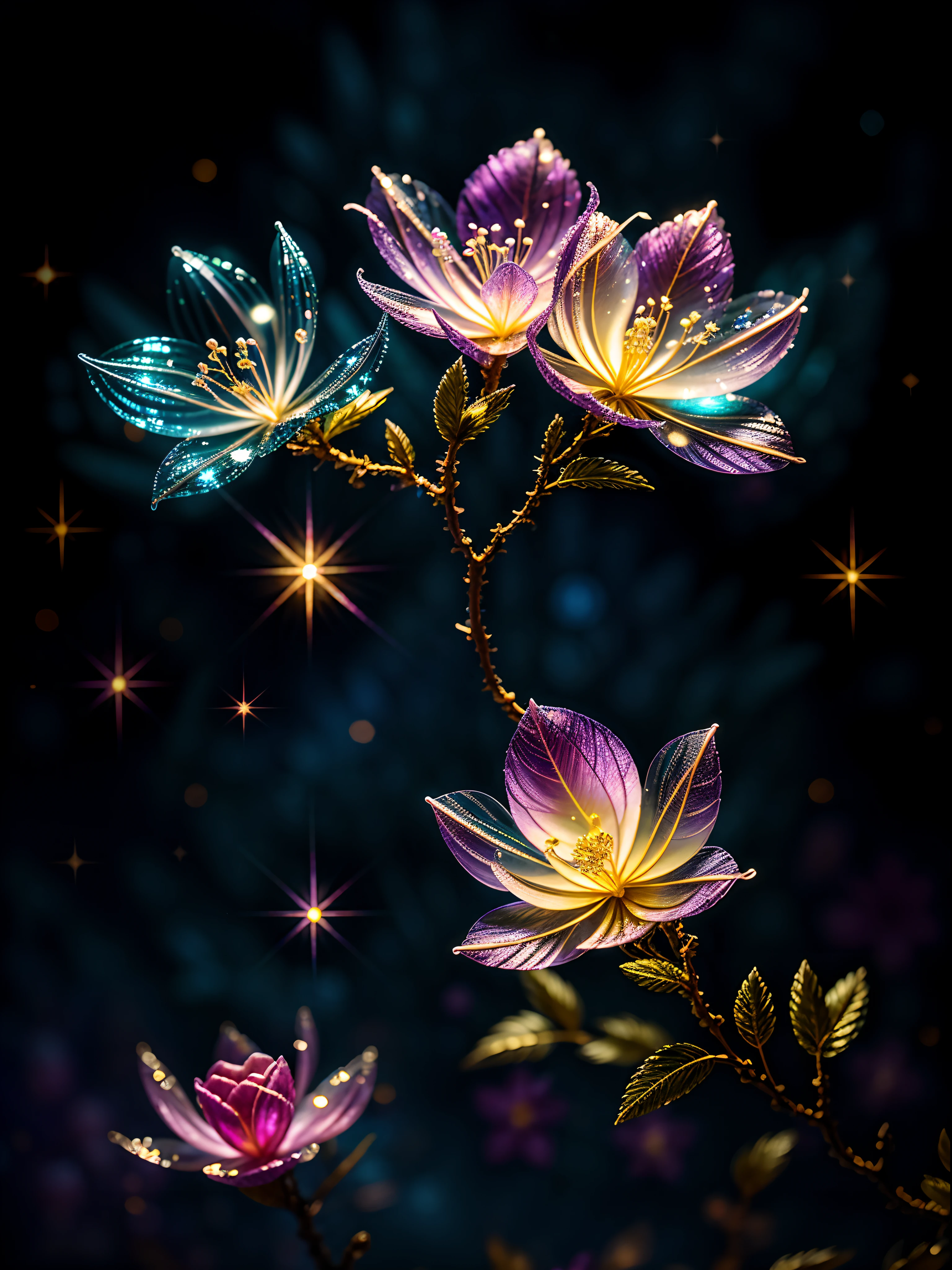 branch of delicate lilac flowers, super transparent, holy light, beautiful spectral light, petals glow, flashing, dark background, drops of transparent light, reflective light, bright, light streaming in, optics, portrait profile, sharp focus, magical, intricate, ultra realistic, fantasy, composition, light, trend on artstation, pearl, patronus cloud of silvery vapor, corrosive enveloping ray family, 8k, ureal ar 23v4 uplight