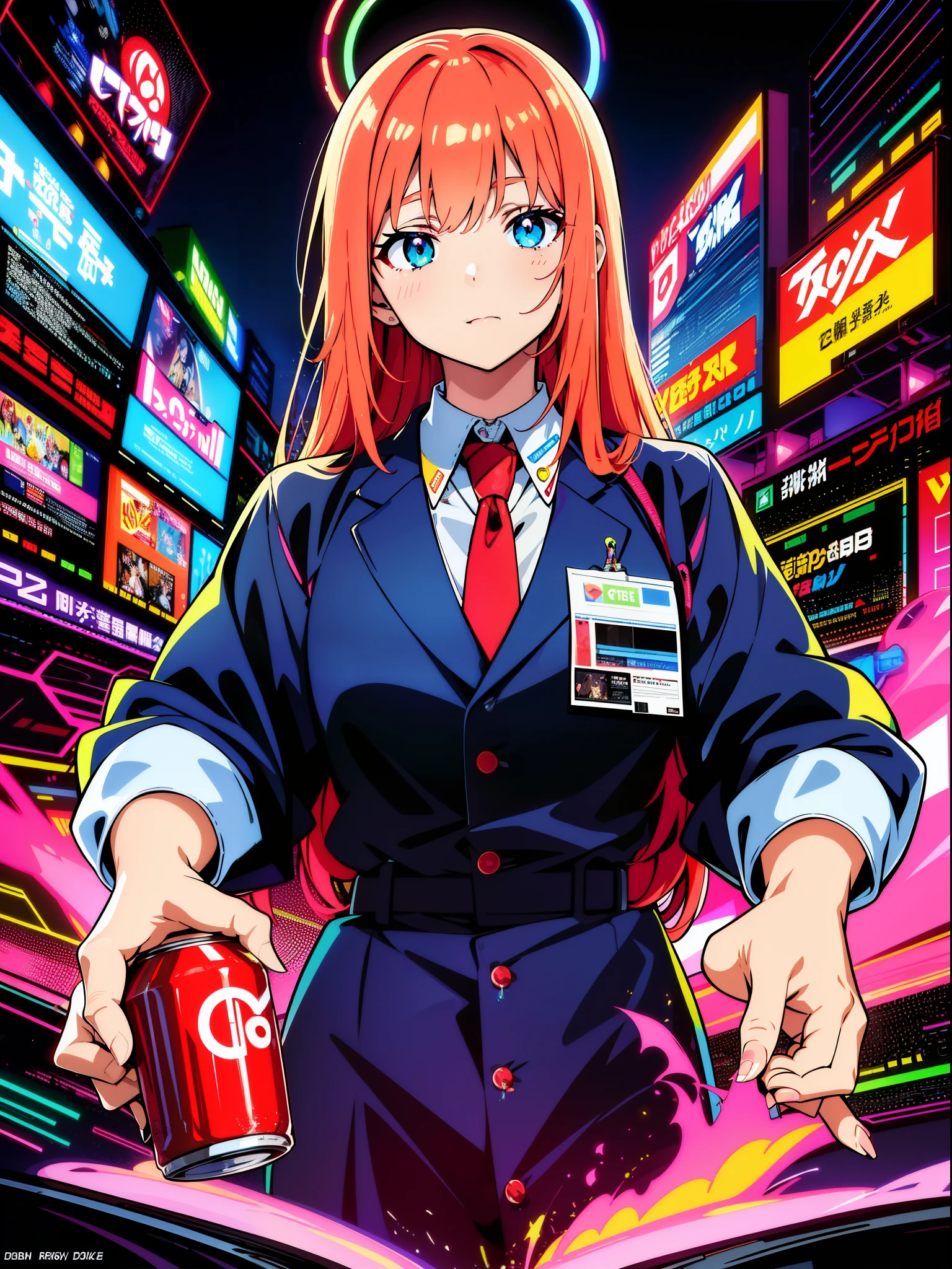 8k、high-level image quality、One man、systems engineer、overtime、Energy Drinks、Energy drinks、Neon Street、TOKYOcty、s Office、personal computers、keyboard、Cable cyberpunk、Vivid Color、Shadows are vivid colors、Clear expression、Clear eyes and nose、salaryman、officeworker、near future、Surrounded by liquid crystals、toil、neck tie、jaket、Clear contour lines、8K、Clear facial parts、Face is clearly visible、Employee ID card hanging from the neck、Anime Touch、Comic style、digital、Electromechanical、Acrobatic regime、Movie poster style、Vivid Color、Pop design、businessman、Shadows are vivid colors、Energy Drink、Cans of energy drinks are scattered、Capsule-type drug is placed on the tongue、Capsule-shaped drugs are scattered、Psychedelic colors、Psychopaths、The halo is pointing、God、Deities々Right、Vivid color for the entire screen、Clown makeup