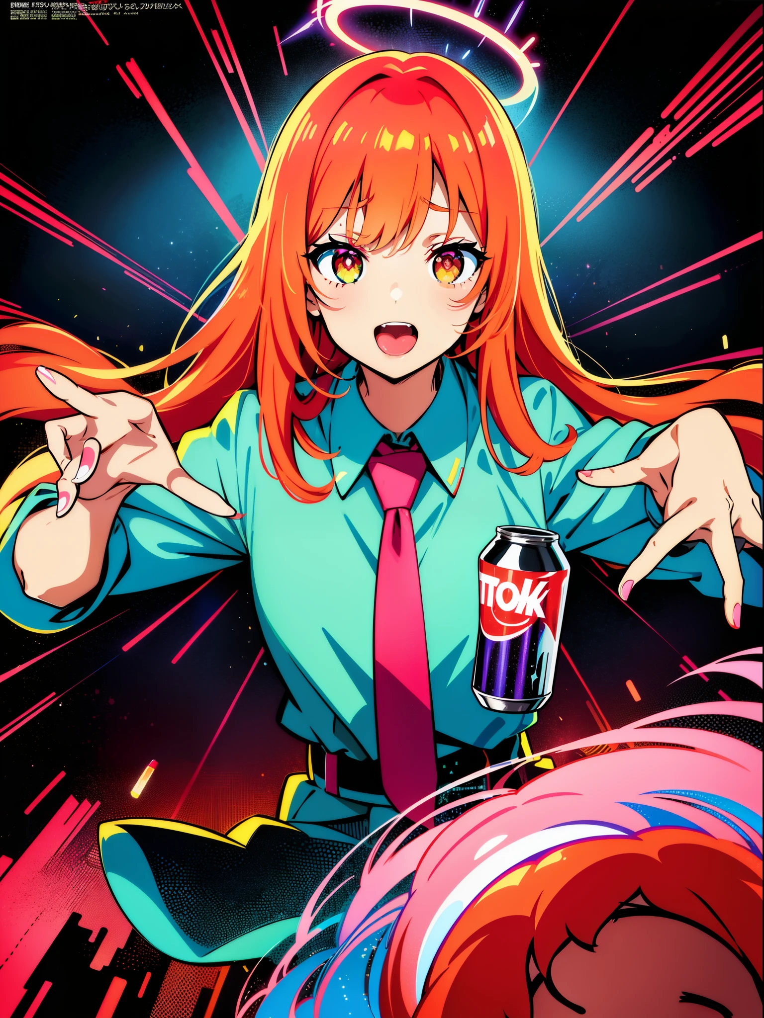 8ｋ、high-level image quality、One man、systems engineer、overtime、Energy Drinks、Energy drinks、Neon Street、TOKYOcty、s Office、personal computers、keyboard、Cable cyberpunk、Vivid Color、Shadows are vivid colors、Clear expression、Clear eyes and nose、salaryman、officeworker、near future、Surrounded by liquid crystals、toil、neck tie、jaket、Clear contour lines、8K、Clear facial parts、Face is clearly visible、Employee ID card hanging from the neck、Anime Touch、Comic style、digital、Electromechanical、Acrobatic regime、Movie poster style、Vivid Color、Pop design、businessman、Shadows are vivid colors、Energy Drink、Cans of energy drinks are scattered、Capsule-type drug is placed on the tongue、Capsule-shaped drugs are scattered、Psychedelic colors、Psychopaths、The halo is pointing、God、Deities々Right、Vivid color for the entire screen、Clown makeup