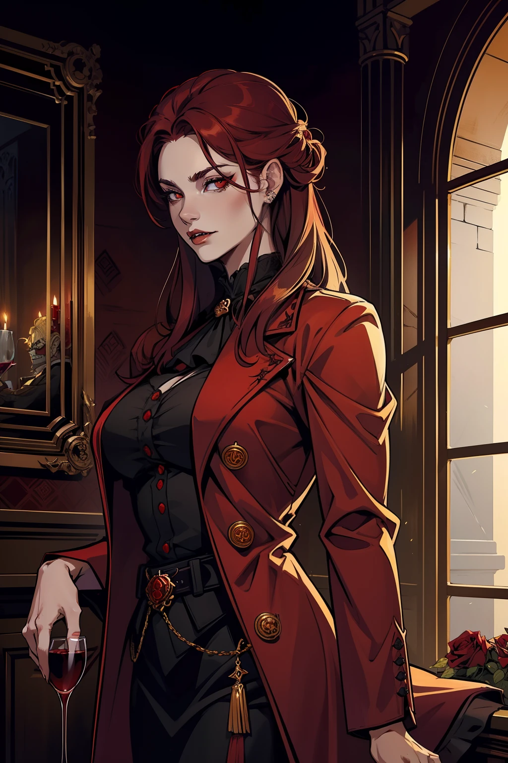 red color eyes，Vampire in a golden coat，In the dark castle in the distance，Holding roses gracefully，Realistic details，Full of charm。Holding a wine glass，Fangs grow。There are a lot of skulls in the distance，Dark style，Two cute tiger teeth