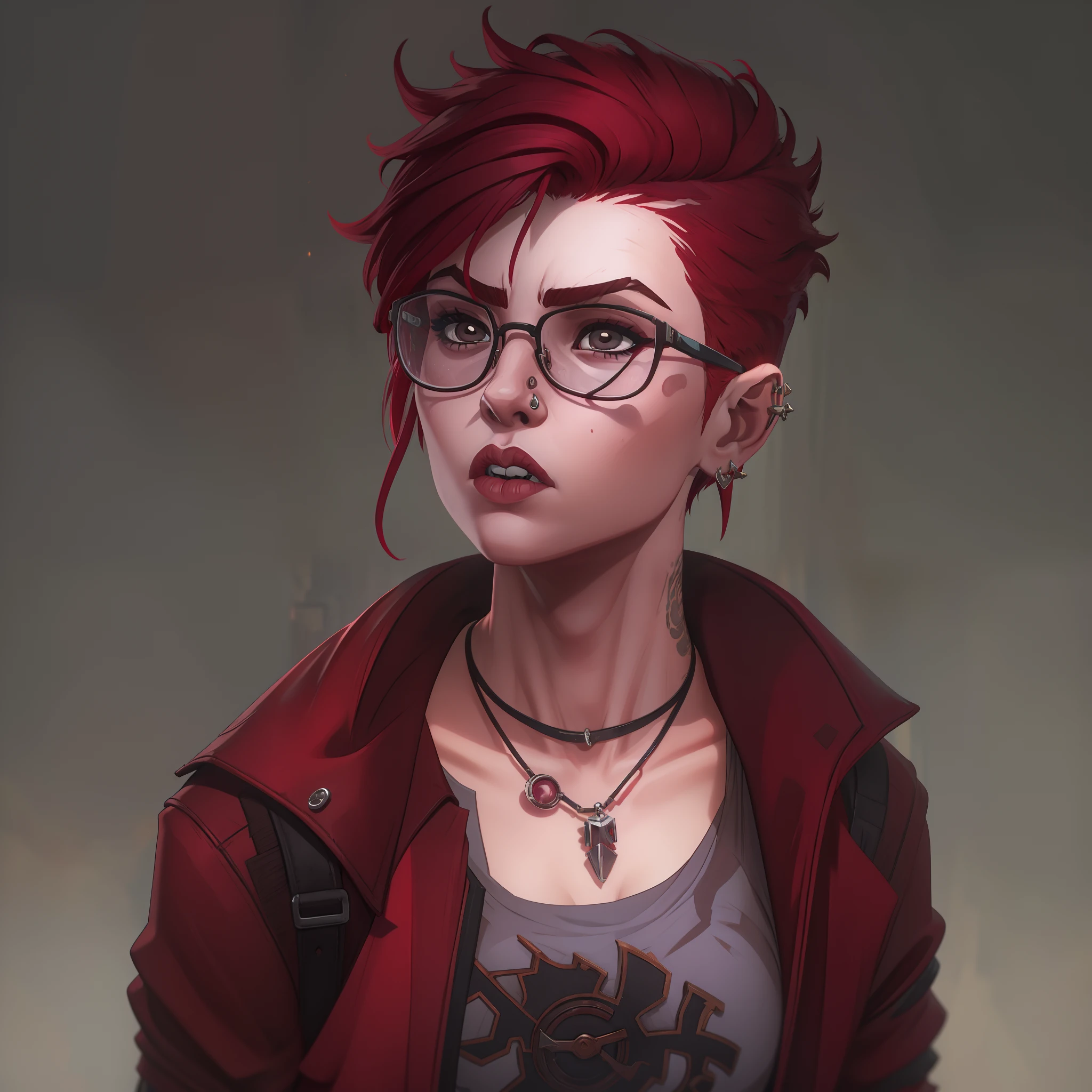 female with short shaved dark red hair, wearing glasses, villain, wearing casual punk clothing, has lower lip stud piercings