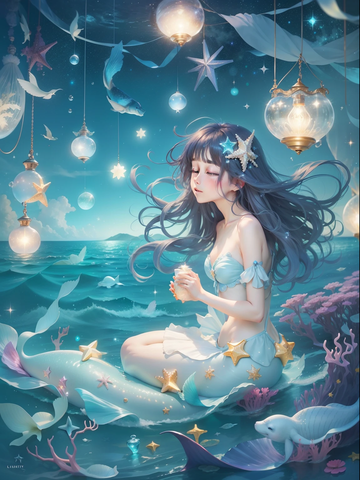 A sparkling starry sky、Light blue sea、Peace of mind、Cute Little Mermaid