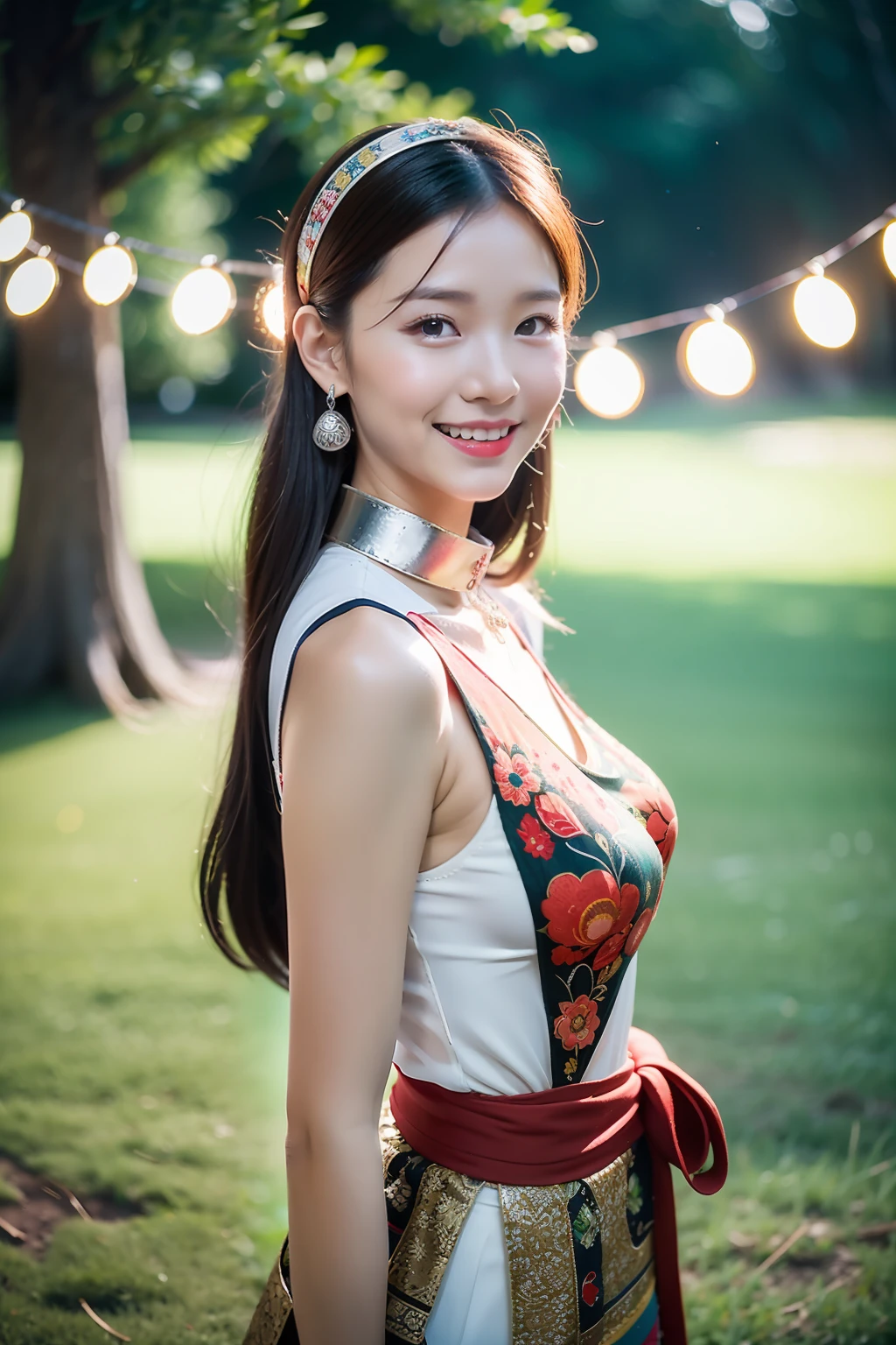 (8K分辨率,Vista full body photo),(1womanl,20yr old,(Facial features of Thai Aum:1.8,s delicate face),详细的脸,Redlip,Fair smooth skin,(Classic Hmong costume:1.4,(nedium breasts、The back is decorated with floral fabric,The cuffs are multi-colored horizontal strips,Cardigans,Short waist long version),Headband silver crown(Silver Crown(styling:It is quadrangular and protruding,entangle,Such as spiral or eccentric,Various patterns are printed on the flat surface),Silver items(Silver collars range from small to large,There are up to seven circles),Silver necklace,Bun hairpins),(pleatedskirt,There is a belt(Hmong embroidery、batik)),耳Nipple Ring,bangle,Tall and tall,The action of the conversation,perfect hand,Ultra-fine clothing material),(Traditional Xijiang Miao village,Festive party night background in cottage,Exquisite environmental details),(exhilarated,confident smile,Rejoice),(profesional lighting,动态照明),((The colors are more balanced,(black in color,blue colors,red colour))),(Golden section,Cinema lenses,Hasselblad photograp,tmasterpiece:1.3),(Miaozhai idol,Focus on the field,trendsetting,Folklore artist,Art platform)