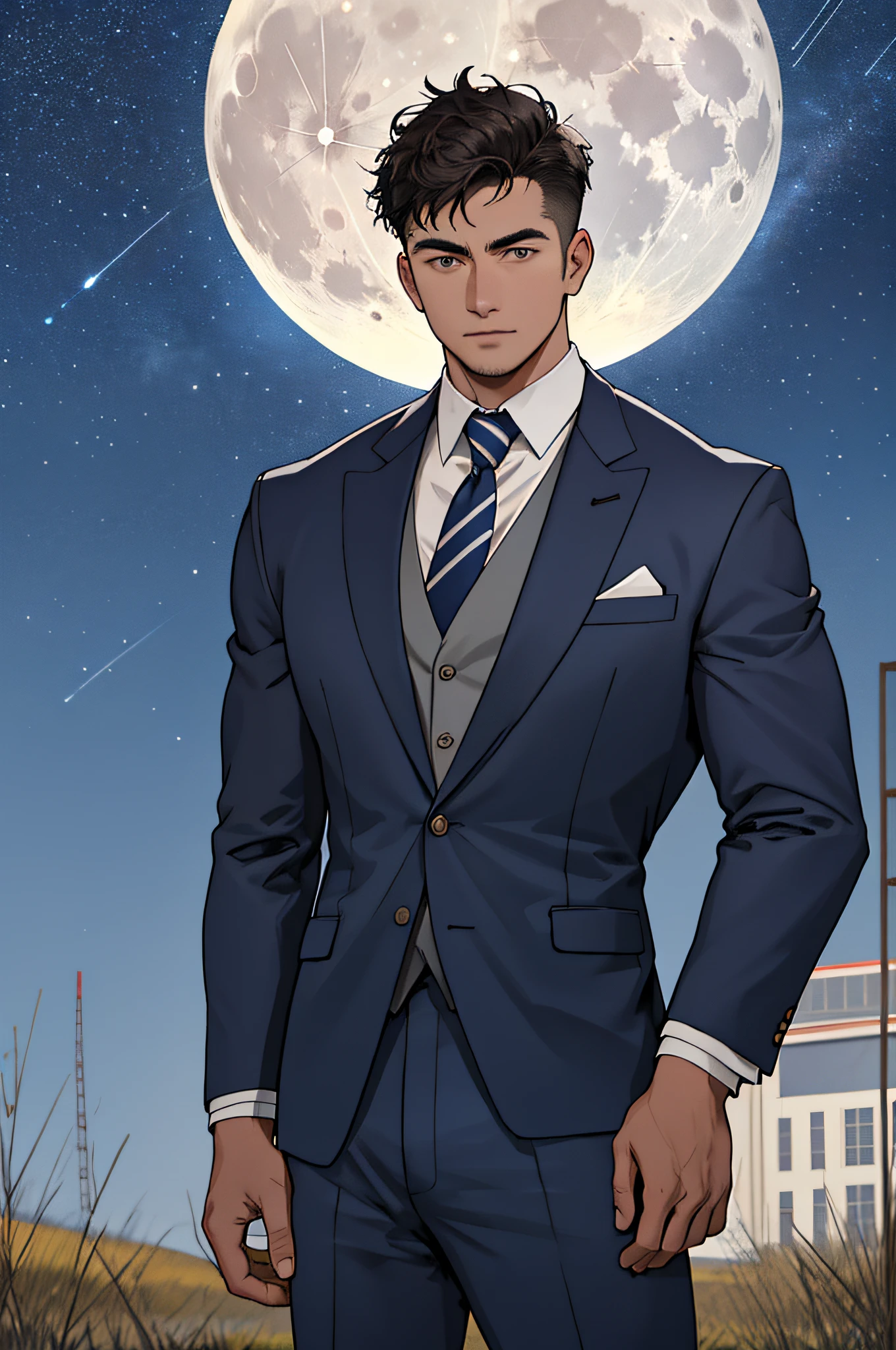 Draw a full-fledged table tennis player，Standing on the steppe at night，He wears the same suit as the president of the country，The suit fits perfectly，The man looks confident and determined，looking-down，Crew cut，full bodyesbian，Stars dot the sky，shooting from below，Big moon highlights background