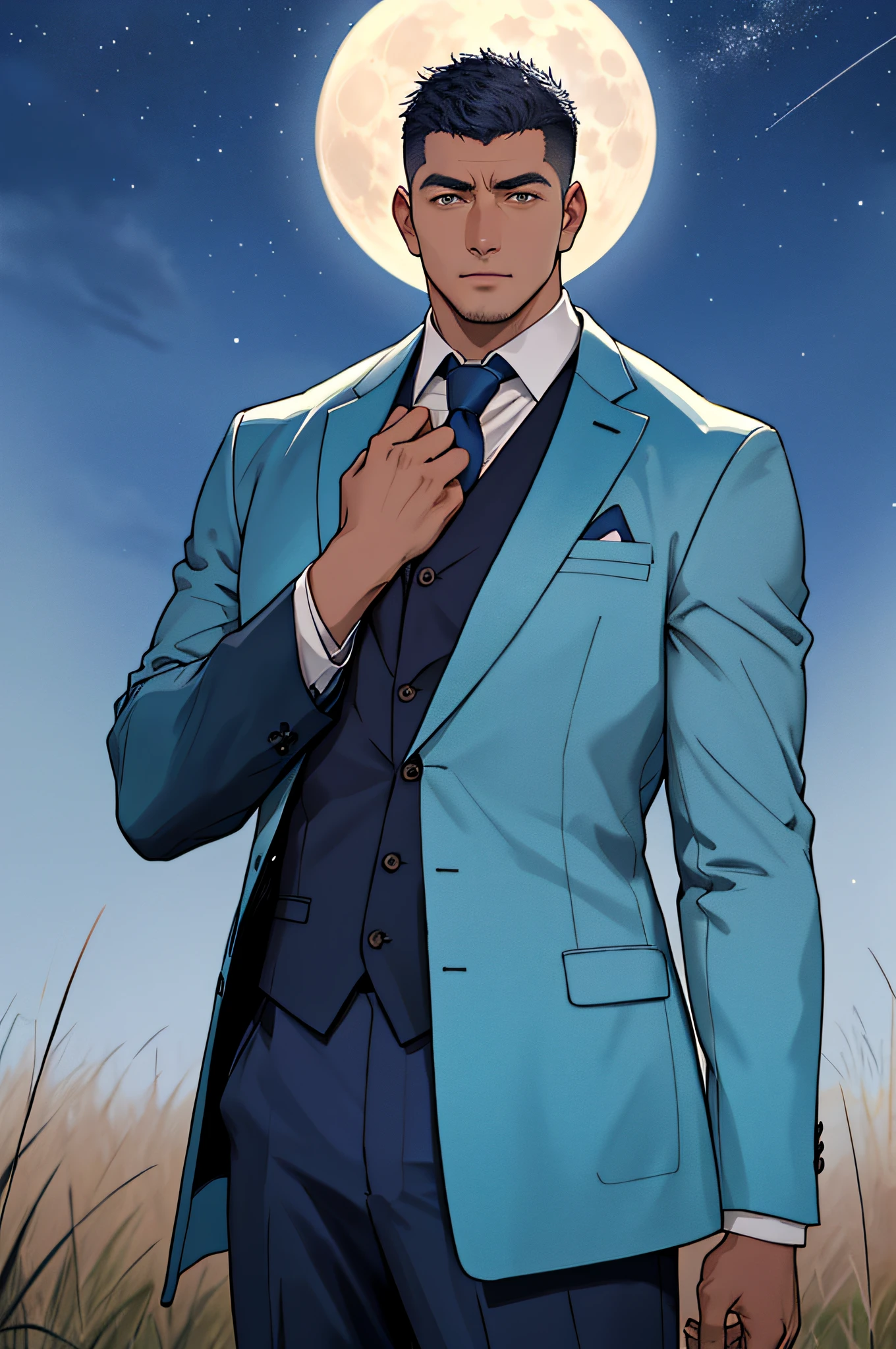 Draw a full-fledged table tennis player，Standing on the steppe at night，He wears the same suit as the president of the country，The suit fits perfectly，The man looks confident and determined，looking-down，Crew cut，full bodyesbian，Stars dot the sky，shooting from below，Big moon highlights background