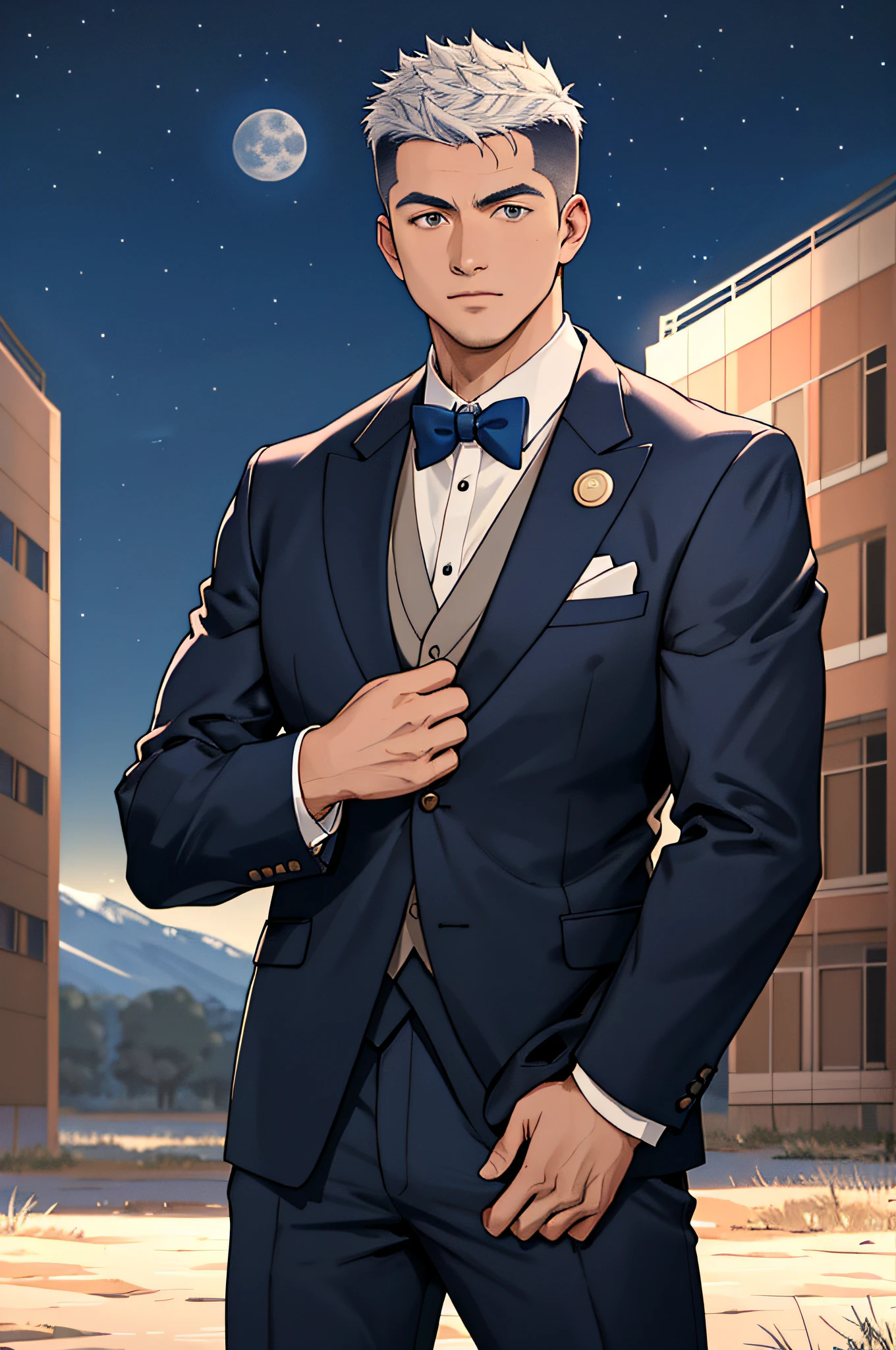 Draw a full-fledged table tennis player,Standing on the steppe at night,He wears the same suit as the country's president,The suit fits perfectly,The man looks confident and determined,looking-down,Crew cut,full bodyesbian,Stars dot the sky,shooting from below,Big moon highlights background