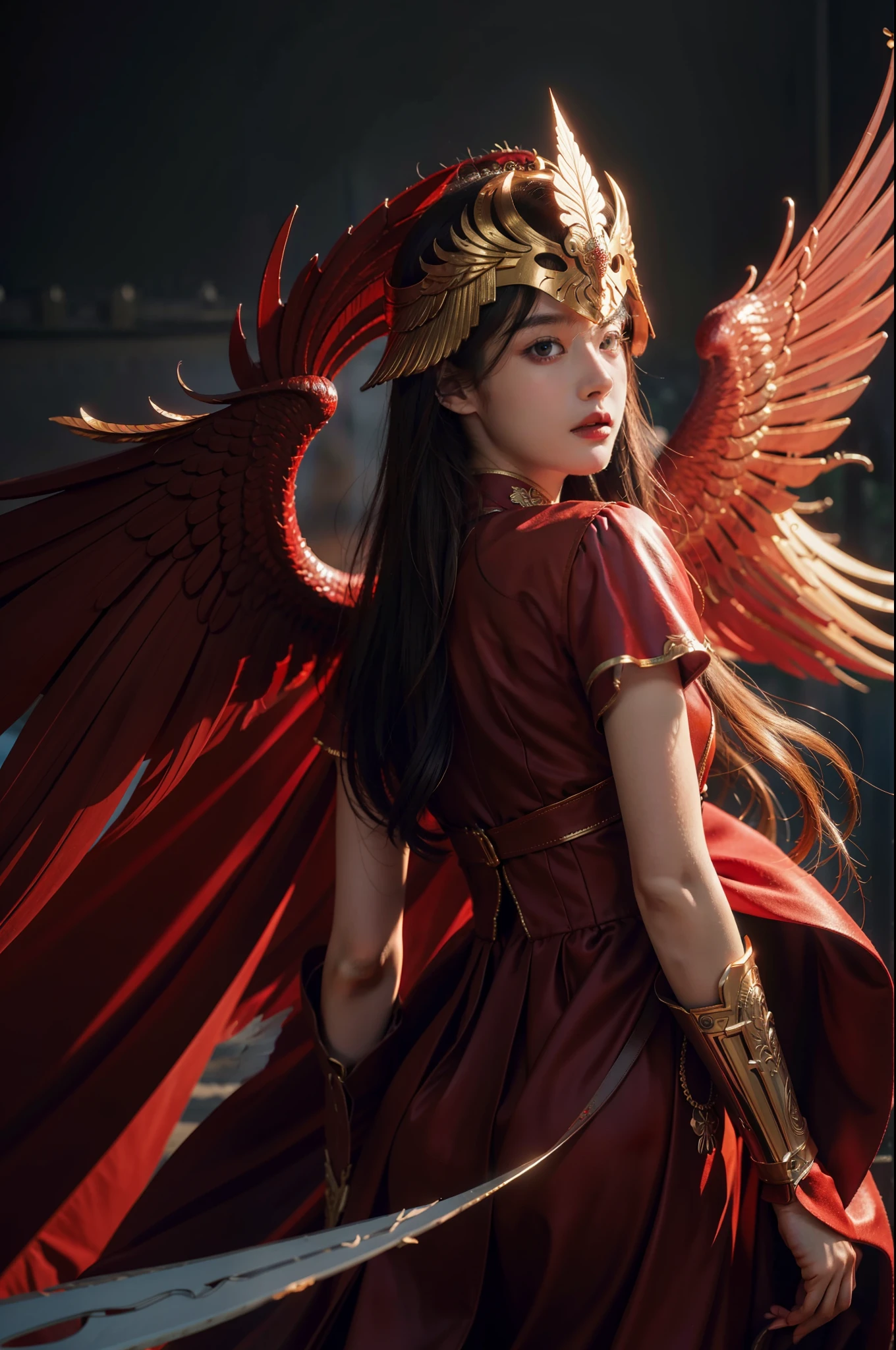 8k, best quality, masterpiece, illustration, an extremely delicate and beautiful, extremely detailed, CG, unit, wallpaper, fine detail, official art, unity 8k wallpaper, incredibly absurd, quan, ban, cursed_left_arm, winged helmet, red cover, malenia_blade