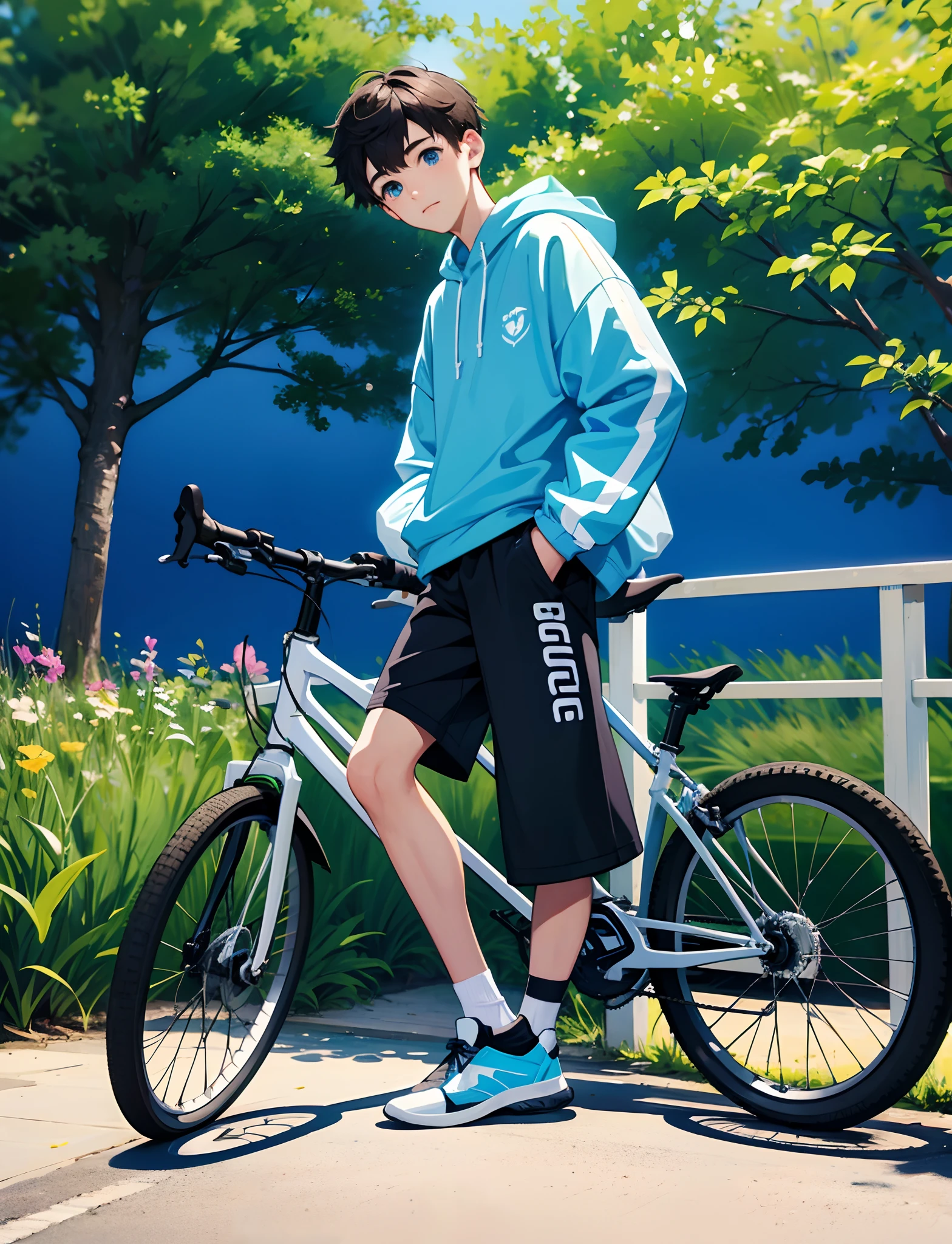 A young boy with,Wear sportswear,Wear sneakers,blue color eyes,bikes,On a country road,There are flowers and plants by the road,staring right into camera,Full body photo,Ultra-high definition