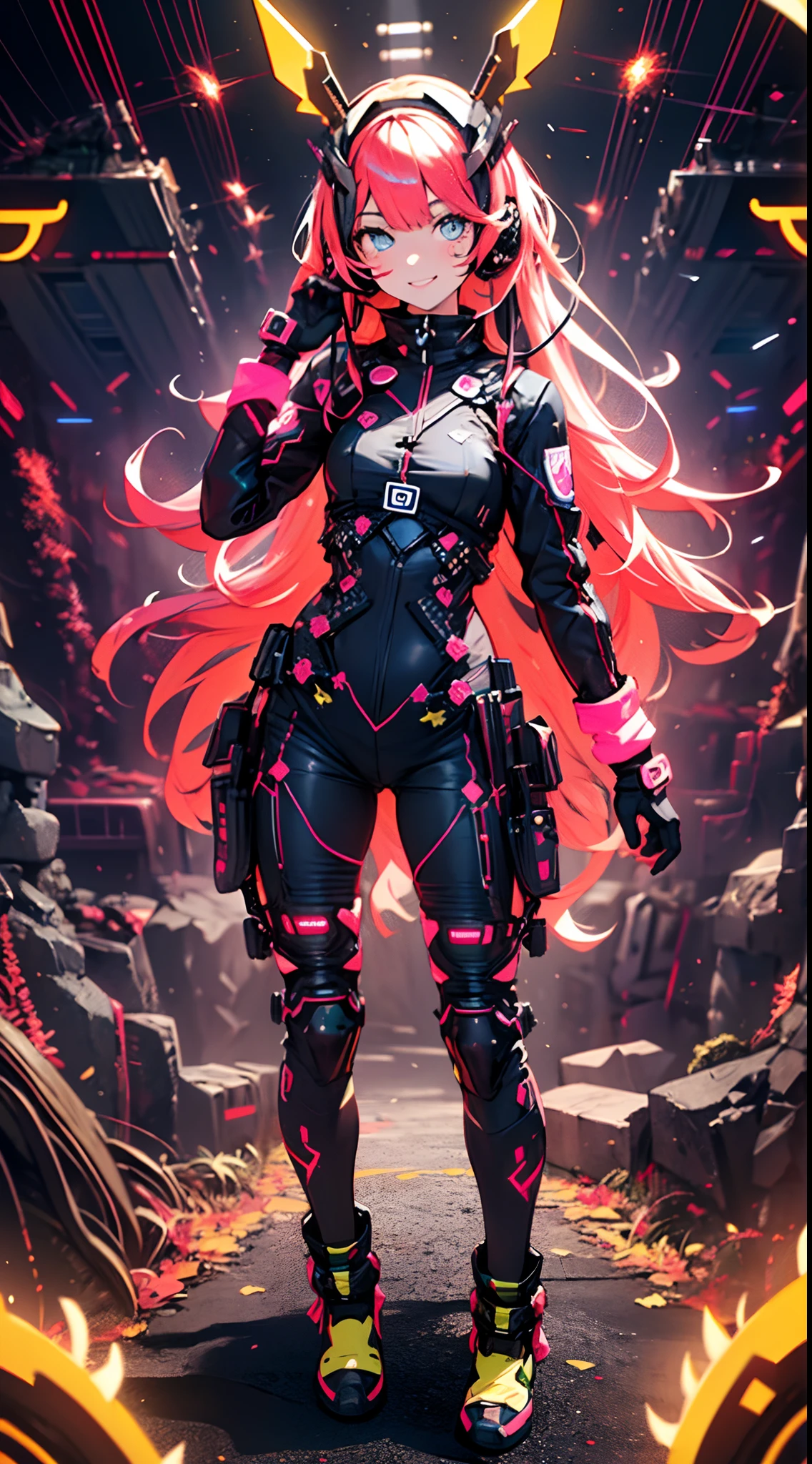 ((cyberpunked)),Optical camouflage、headset on head、Neon light、City of the Future、Glowing jumpsuit、(1girl in, Solo:1.6),(Cute smile),(Clothes are simple), (Best Impact:1.5), (maximalism:1.7), Vivid contrast, (Realistic), hyperrealistic illustrations, hight resolution, ultra-detailliert, absurderes,(Fractal Art:1.3)、Random hairstyle、Random hair color colorful、FULL BODYSHOT、Retro、Precise focus、randome pose、cinema4d、Drama