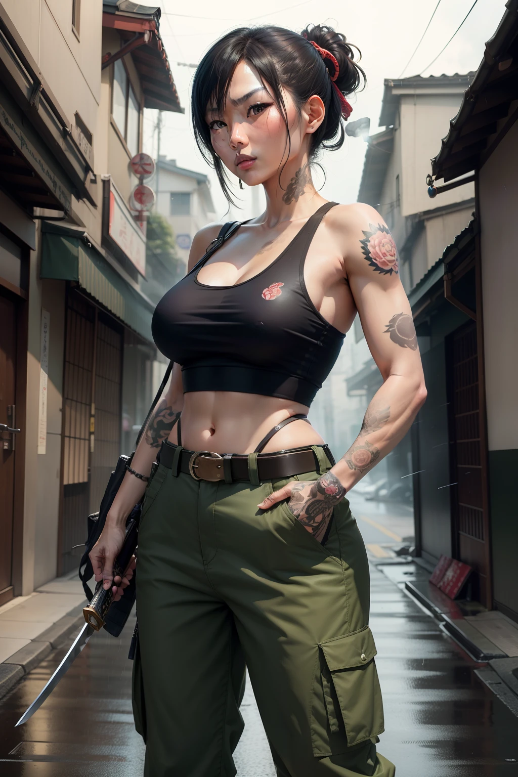 Japanese woman with yakuza tattoos wearing a tank top and military pants with a katana on a belt smoking in the street while it rains