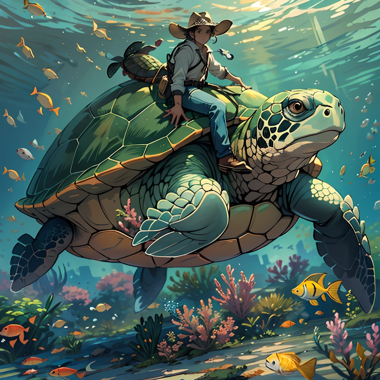 A turtle,Turtle,Under water, Shrinking in a turtle shell, hyper HD, Masterpiece, High quality, a cowboy turtle, a turtle riding a fish like a cowboy