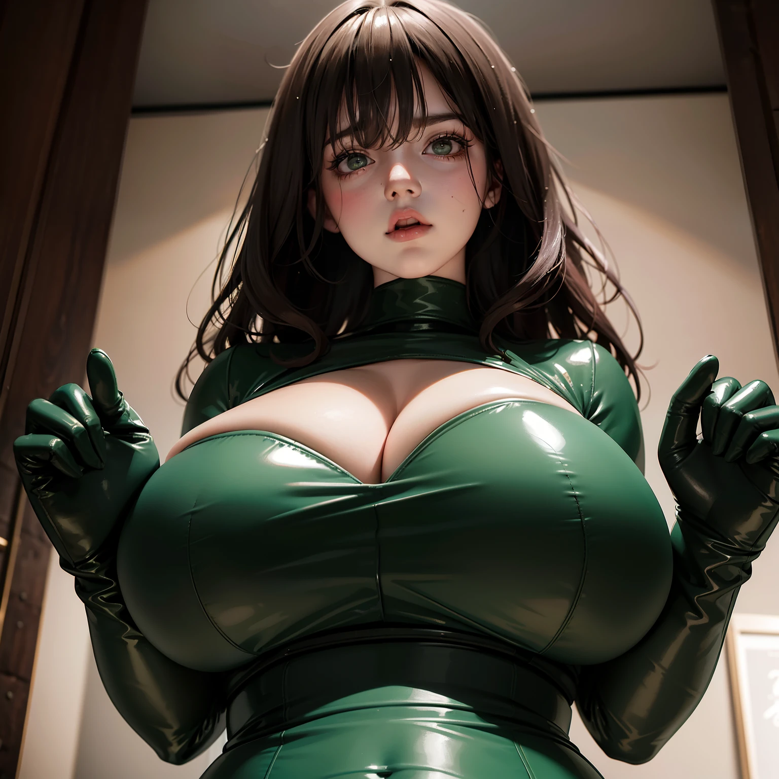 From below,Woman in dark green tight latex clothes,byself,Stand up,Hands were hoisted,((gigantic cleavage breasts)),Huge stacked breasts,(Surreal breasts )((Extremely full breasts)),((Super large)),Big breasts Thin waist,(((Extremely large breasts))),worried expression,seductiv