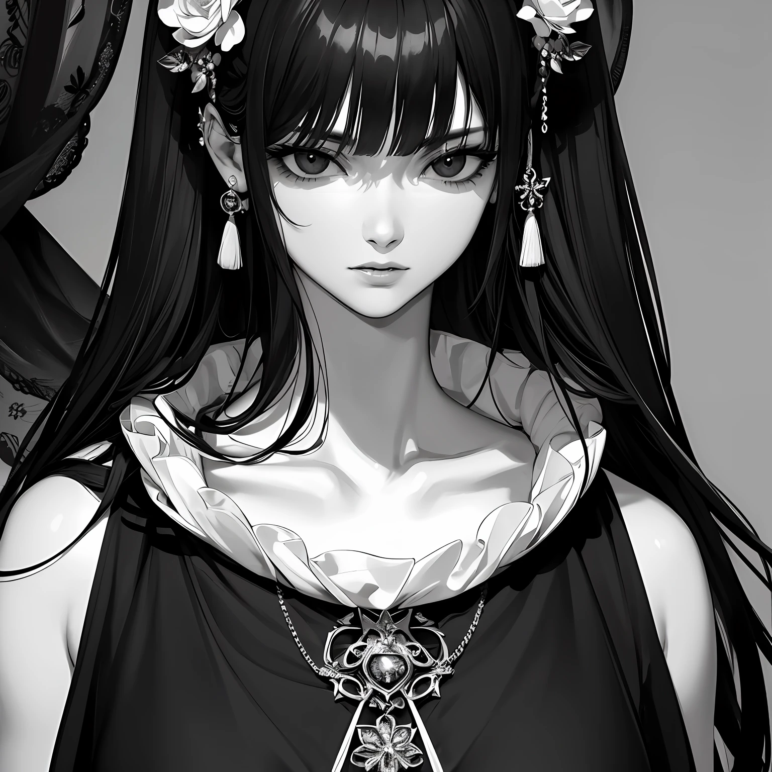 ​masterpiece、top-quality、hight resolution、High-quality images、8K、1womanl、detaileds、Detailed eye depiction、skin gloss、Lustrous black hair、Monochrome grayscale、Lisa、portlate、Land of watches