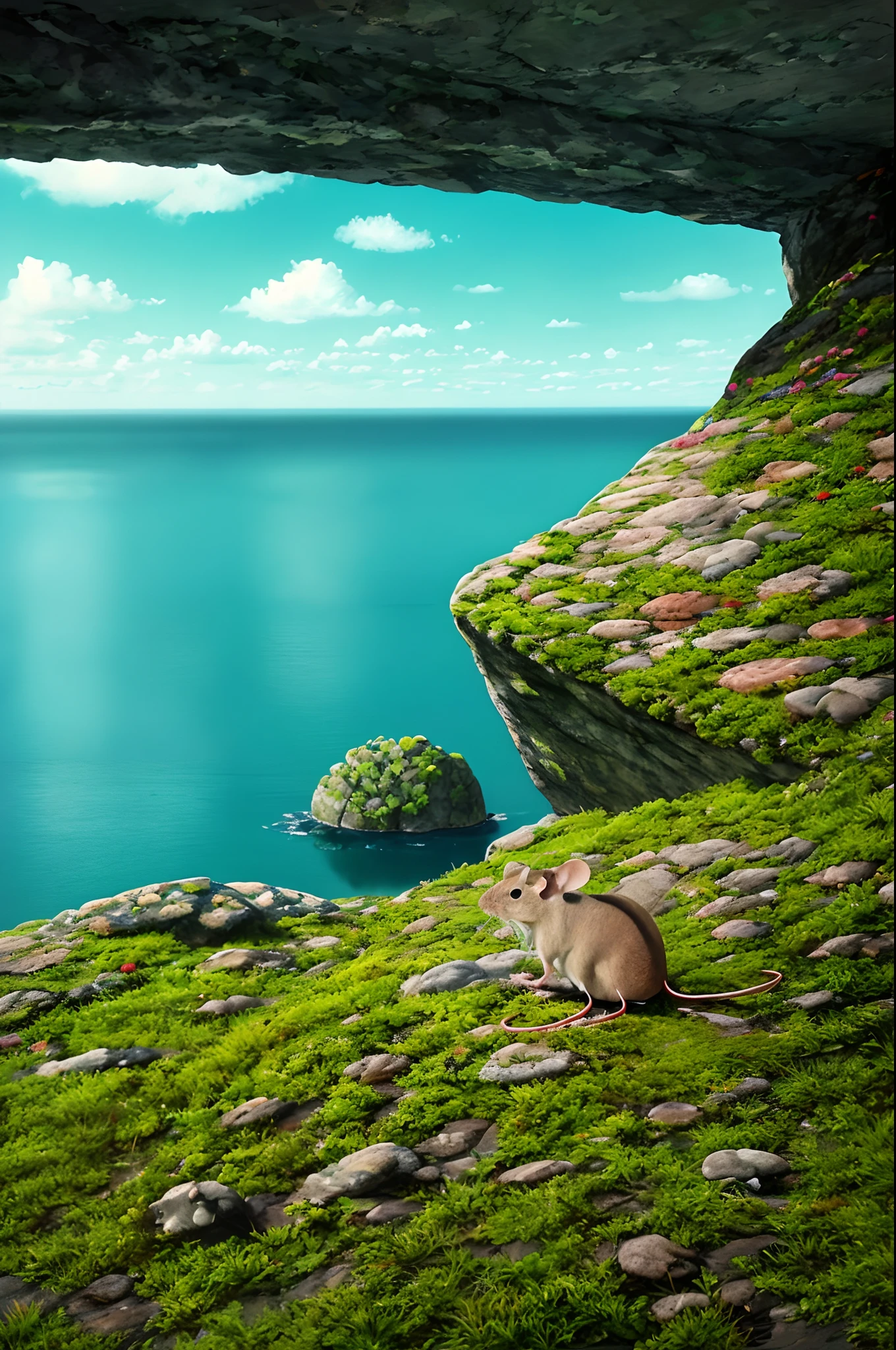 A mouse setting on a rock looking out to sea