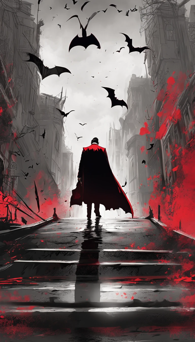 Vampiro em um casaco preto,olhos de cor vermelha,Bats fly around,red skies,Castelos