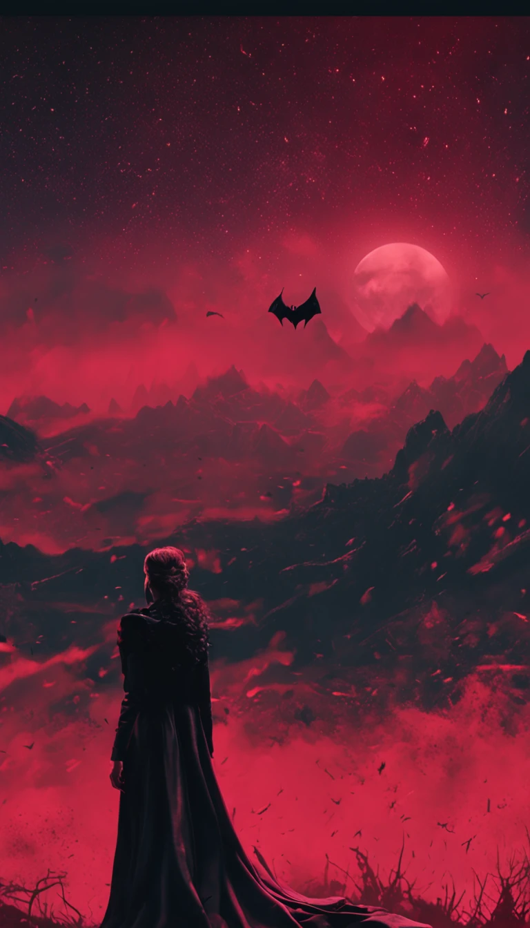 Vampire in a black coat，red color eyes，Bats flying around，Red sky，borgar