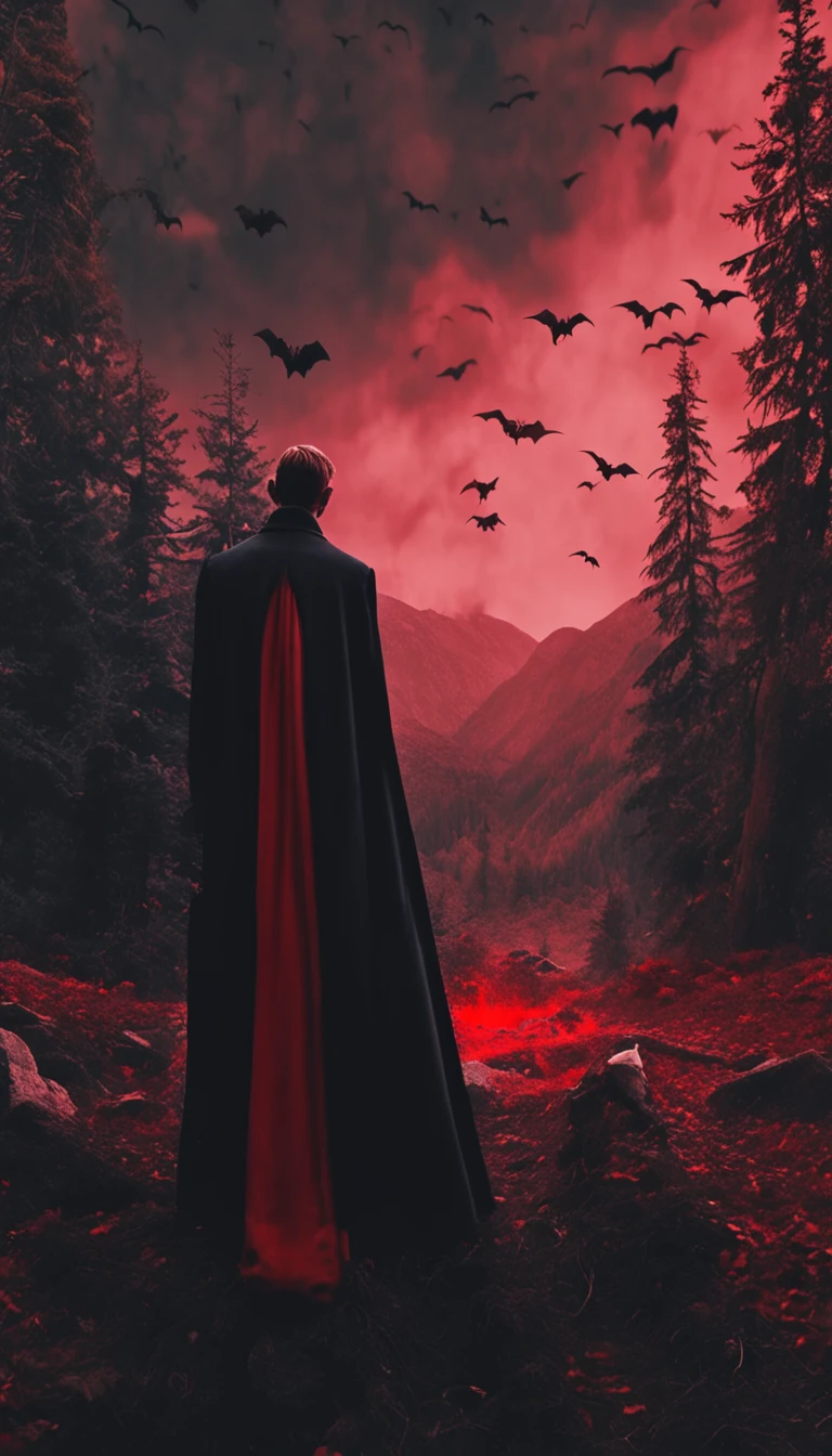 Vampire in a black coat，red color eyes，Bats flying around，Red sky，borgar