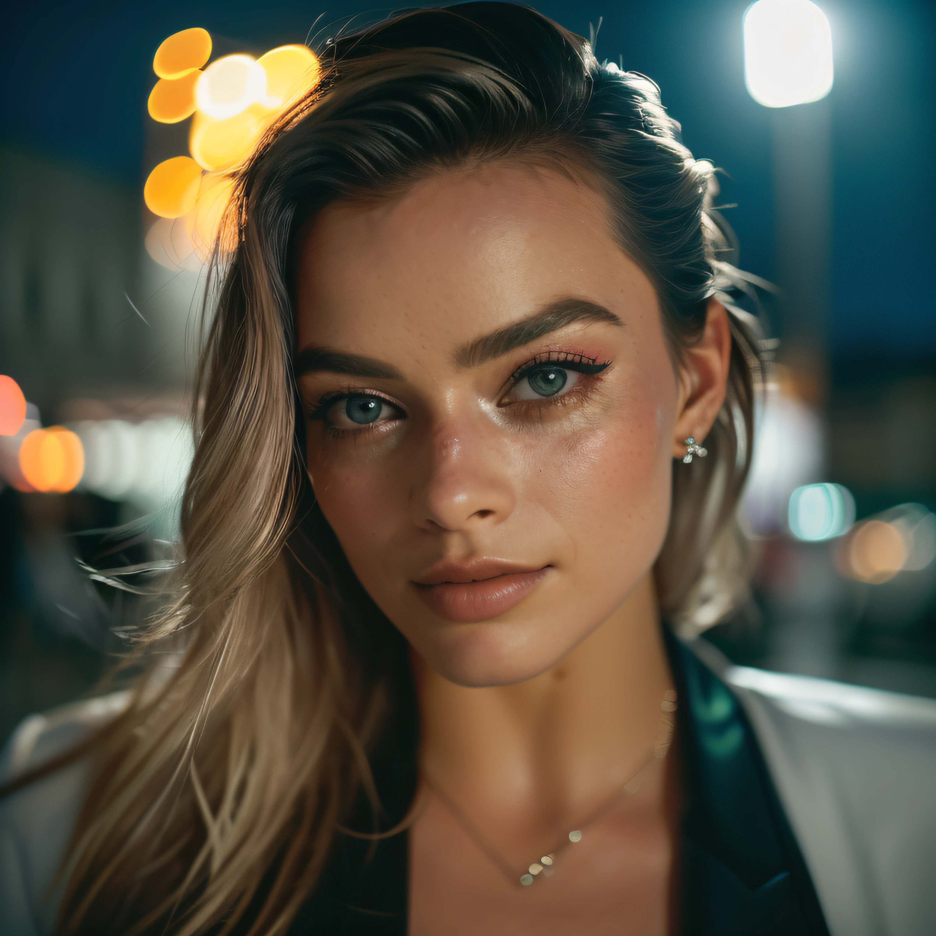 (lado corpo inteiro: 1.4), Foto de retrato RAW UHD de uma loira de 24 anos (mulher de olhos azuis) caminhando por um beco escuro, seios grandes,, city at night, (vestir), (decote), Detalhes (Texturas! , Hair! , Glitter, Cor!! , Desvantagens: 1.1), olhos brilhantes com alto detalhe, SLR lighting, SLR camera, ultra-qualidade, agudeza, profundidade de campo, filmic grain (centro), Fujifilm XT3, Cristalina, centro do quadro, beautiful face, foco nítido, street lamp, neon lighting, Bokeh (mal iluminado), Noite, (night sky), poros detalhados da pele, pele oleosa, queimadura solar, Detalhes Oculares Complexos, corpo inteiro, seios grandes