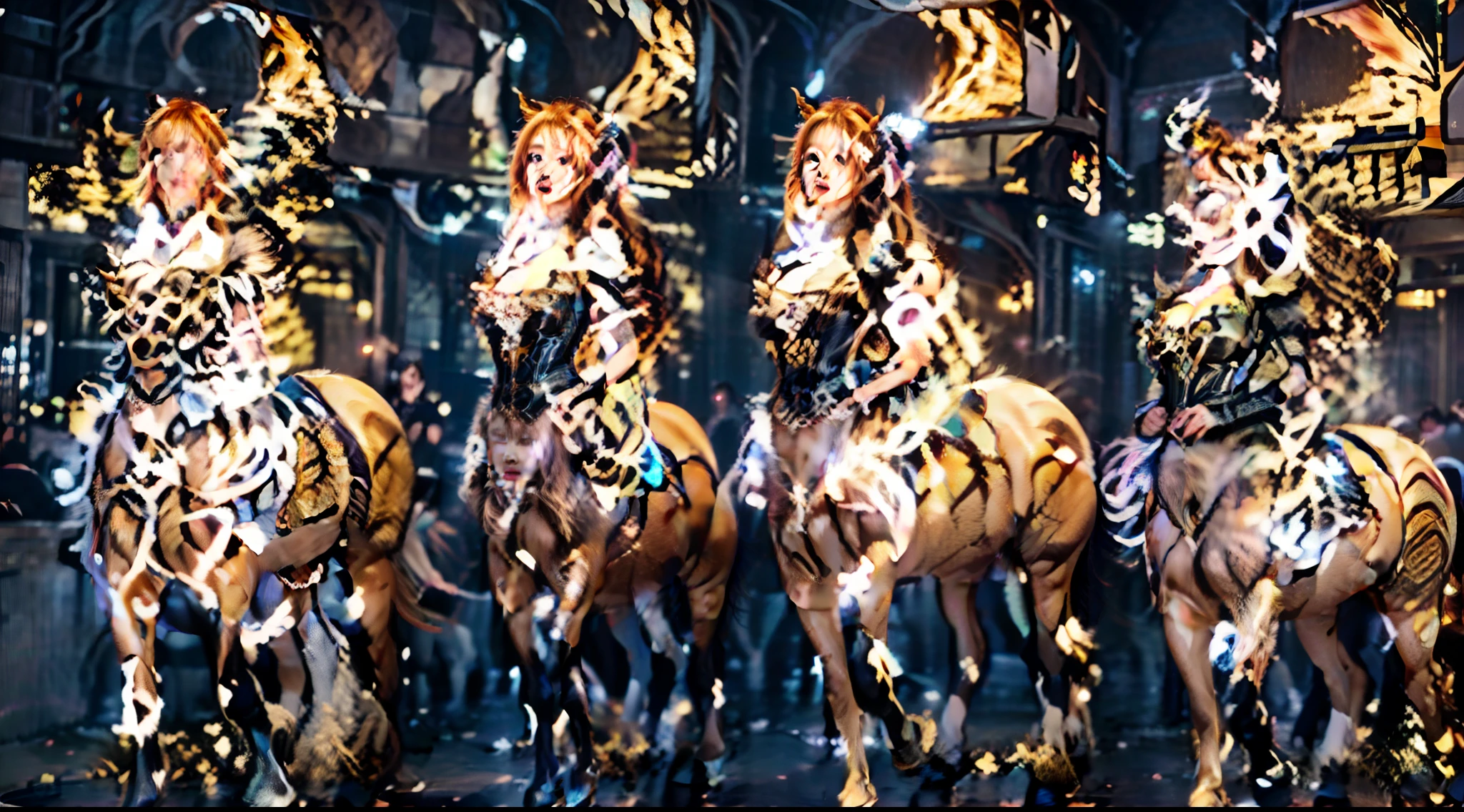 In this beautiful illustration,Eight unique female centaur characters are shown,They all have their own characteristics,Vivid and interesting。Radiant angelic centaurs from the heavenly realm,To the hellish centaurs surrounded by nightmarish flames,And then to the Wind Immortal Centaur dancing in the air,Unicorn centaur surrounded by lightning,Mechanical centaur in mechanical style,Dragon centaurs,Elf centaurs,Tiflin centaurs,Each character has their own unique charms and abilities。The illustration uses advanced artistic techniques and tools,Divide the scene into sections by geometric arrangement,Each section corresponds to a centaur character,This makes more efficient use of space。Through Midjourney's advanced brush tools、Color palette、Material packs and model packs,Exquisite costumes and equipment are designed for each centaur,Enhances the character's personality and visual appeal。The scenery in the illustrations is stunning,There are changing skies、rainbowing、extreme light、Stars and Moon。Incorporating iconic landmarks such as Mount Everest,and fireworks、tranquil lake、Natural and urban elements of waves and neon lights,Creates a magical atmosphere。The centaurs showed off their skills and equipment in a variety of environments,This is true even in extreme alien landscapes。Midjourney's tools make depicting details vivid and realistic,From intricate hairstyles and clothing to authentic textures,Enhances the realism of the characters and surroundings。The fusion of multiple art styles adds movement to the centaur's movement at all angles,The overall visual experience is further enriched。The final illustration was described as a "masterpiece",It has the characteristics of "best quality" and "realistic",The details put into the creative process are shown、Level of creativity and craftsmanship。Ultra-grand scenes,super wide shot, hdr,(真实感,Masterpiece quality,best qualtiy),