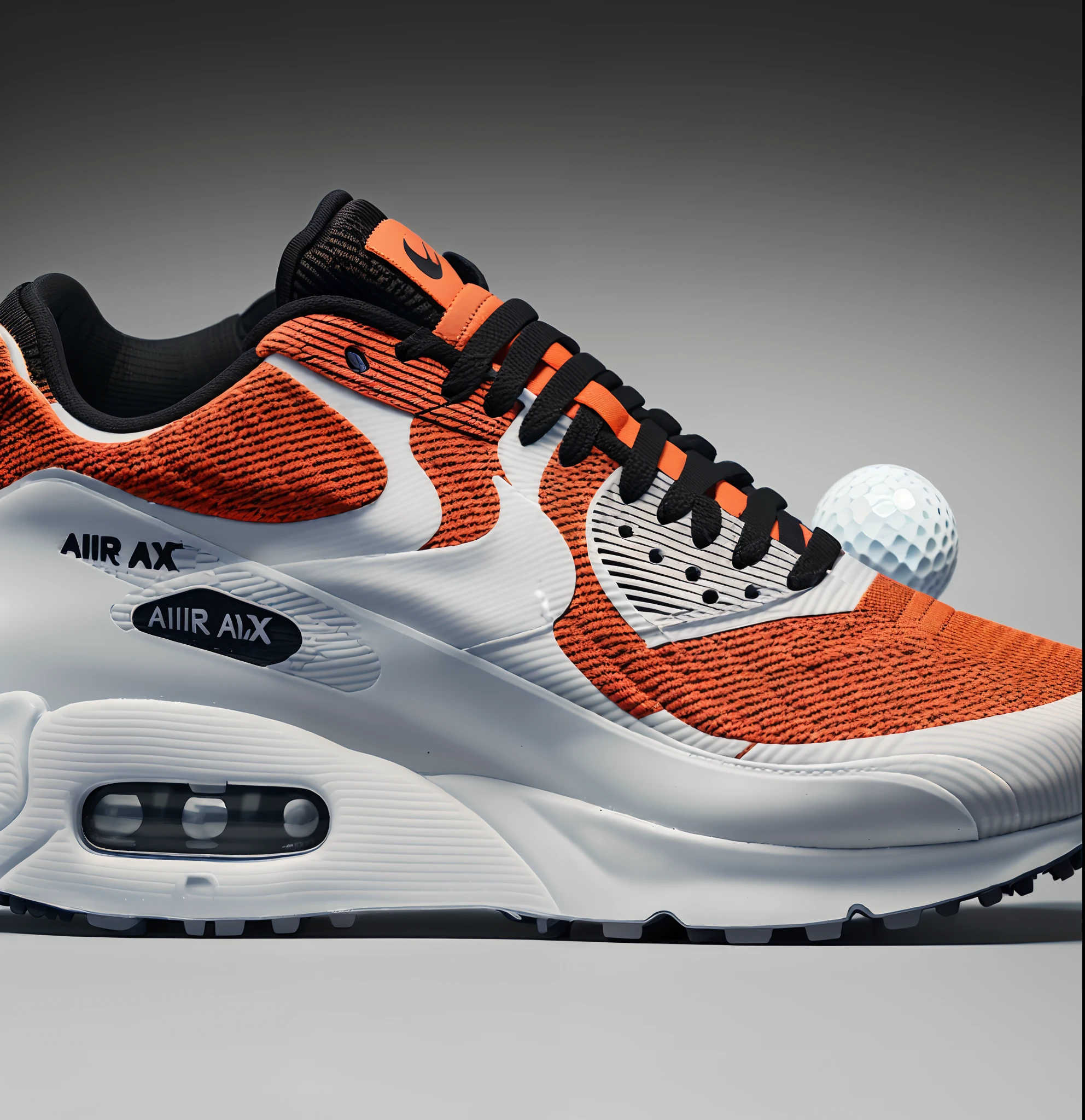 create a ultra realistic 3d model of a nike air max 90 sneaker with golf ball dimple texture in studio lighting with flourscent orange accent color --auto --s2