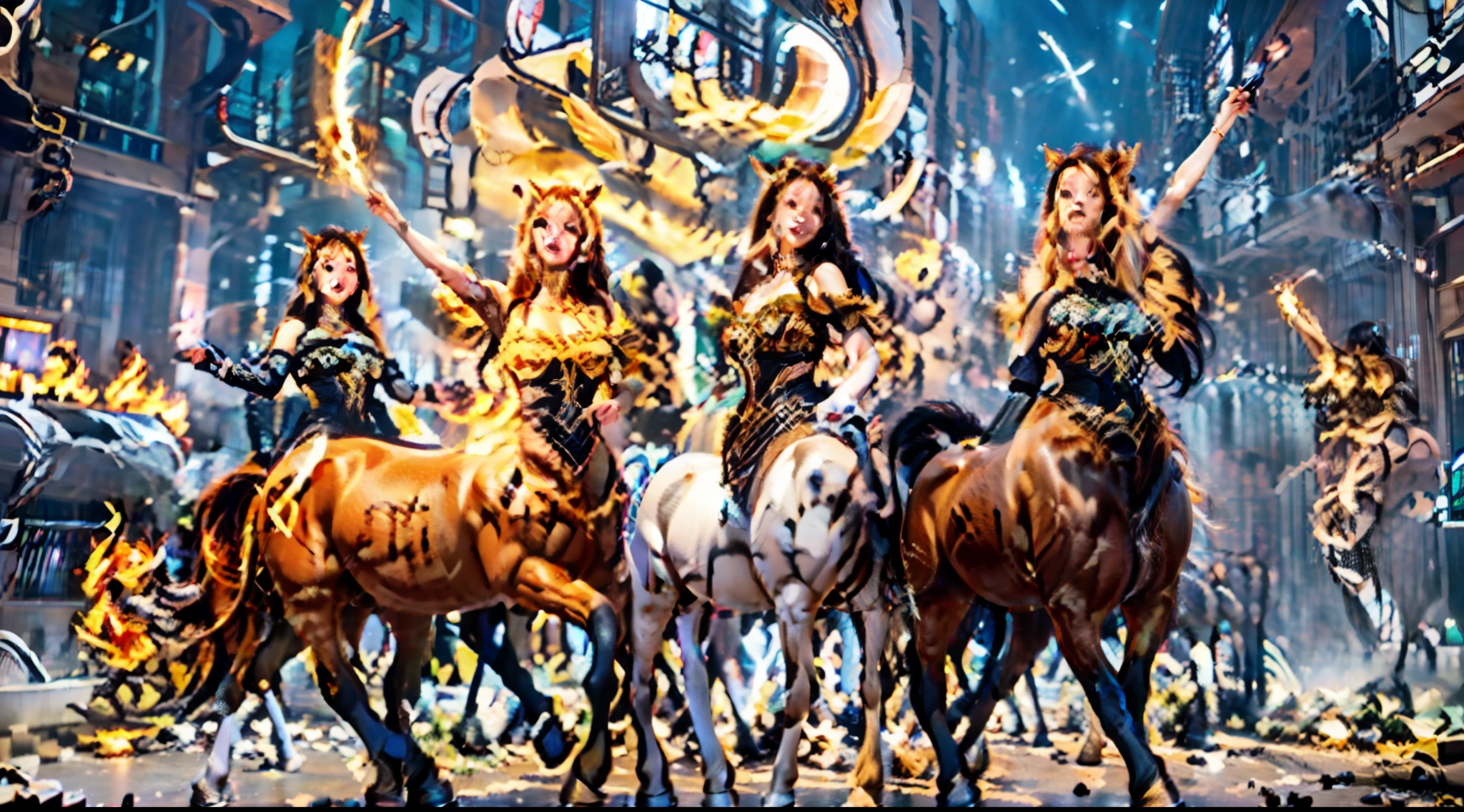 In this beautiful illustration,Eight unique female centaur characters are shown,They all have their own characteristics,Vivid and interesting。Radiant angelic centaurs from the heavenly realm,To the hellish centaurs surrounded by nightmarish flames,And then to the Wind Immortal Centaur dancing in the air,Unicorn centaur surrounded by lightning,Mechanical centaur in mechanical style,Dragon centaurs,Elf centaurs,Tiflin centaurs,Each character has their own unique charms and abilities。The illustration uses advanced artistic techniques and tools,Divide the scene into sections by geometric arrangement,Each section corresponds to a centaur character,This makes more efficient use of space。Through Midjourney's advanced brush tools、Color palette、Material packs and model packs,Exquisite costumes and equipment are designed for each centaur,Enhances the character's personality and visual appeal。The scenery in the illustrations is stunning,There are changing skies、rainbowing、extreme light、Stars and Moon。Incorporating iconic landmarks such as Mount Everest,and fireworks、tranquil lake、Natural and urban elements of waves and neon lights,Creates a magical atmosphere。The centaurs showed off their skills and equipment in a variety of environments,This is true even in extreme alien landscapes。Midjourney's tools make depicting details vivid and realistic,From intricate hairstyles and clothing to authentic textures,Enhances the realism of the characters and surroundings。The fusion of multiple art styles adds movement to the centaur's movement at all angles,The overall visual experience is further enriched。The final illustration was described as a "masterpiece",It has the characteristics of "best quality" and "realistic",The details put into the creative process are shown、Level of creativity and craftsmanship。Ultra-grand scenes,super wide shot, hdr,(真实感,Masterpiece quality,best qualtiy),