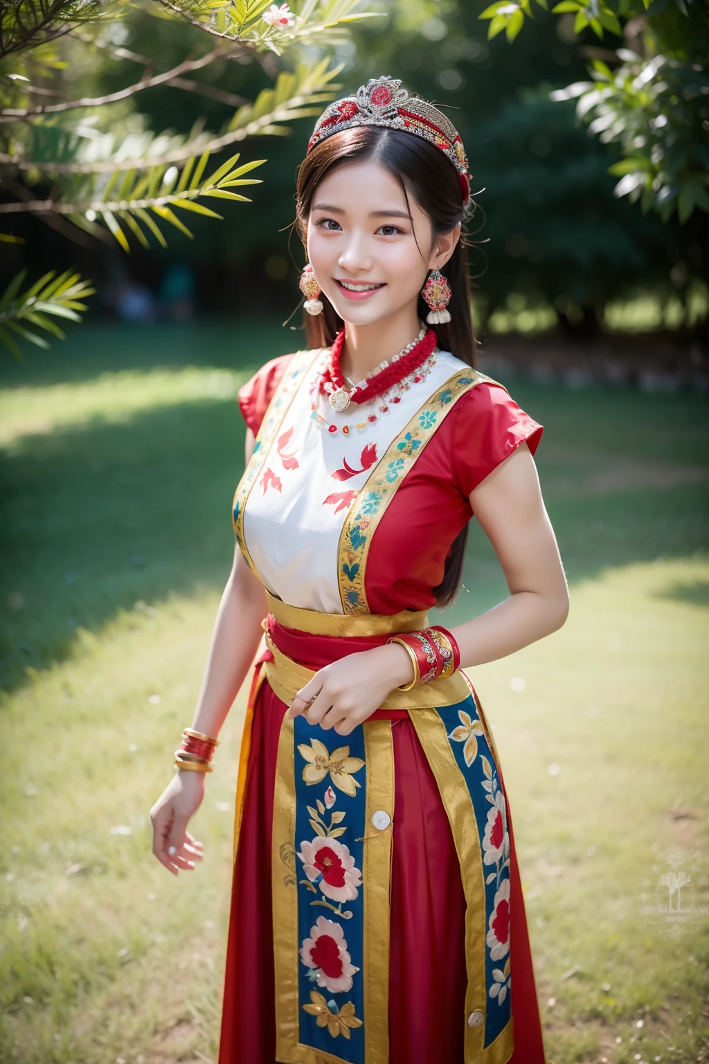（8K分辨率，Vista full body photo），（1womanl，20yr old，（Facial features of Thai Aom：1.8，s delicate face），详细的脸，Redlip，Fair smooth skin，（Classic Hmong costume：1.4，（breastsout、The back is trimmed with floral cloth，The cuffs are multi-colored horizontal bars，Cardigans，Wear short waist-length），Headband silver crown（Silver crown（styling：It is quadrangular and protruding，Wrapped around such as a spiral or eccentricity，Various patterns are printed on the plane），Silver item（Silver collars range from small to large with up to seven circles），silver necklace，Bun hairpin），（pleatedskirt，There is a waistband（Miao embroidery、batik）），耳Nipple Ring，bangle，Tall and tall，The action of conversation，perfect hand，Ultra-fine clothing material），（Traditional Xijiang Miao village，Festive party night background in cottage house，Exquisite environmental details），（exhilarated，confident smile，Rejoice），（profesional lighting，动态照明），（（The colors are more balanced，（black in color，blue colors，red colour））），（Golden section，Cinema lenses，Hasselblad photograp，tmasterpiece：1.3），（Miaozhai idol，Focus in the field，trendsetting，Folklore artist，Art platform）