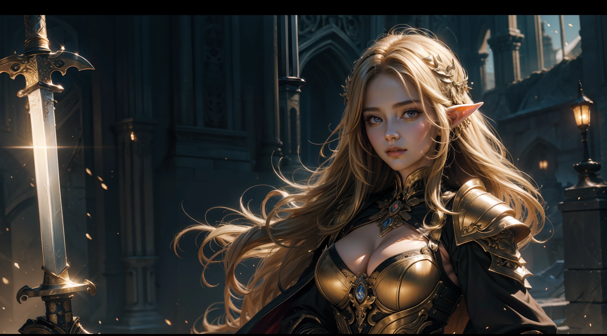 tmasterpiece，top-quality，best qualityer，offcial art，Beauty and aesthetics：1.2），（tmasterpiece：1.3）， （8K， realisticlying， RAW photos， best qualtiy： 1.4）， beauitful face， （photorealiscic face），超高分辨率， Ultra photo realsisim， highly  detailed， the golden ratio， （Award-winning digital artwork：1.3） af （sketching：1.3），（with dynamism：1.3），（Saturation：1.3），（Close portrait：1.3），illusory engine， (High detail: 1.9)，（femele：1.4），（big breasts beautiful： 1.4),(carismatic:1.3)，female elf，Large breasts，upperbody shots，dramatics，Armour，The background is the castle，(((Glowing sword)))