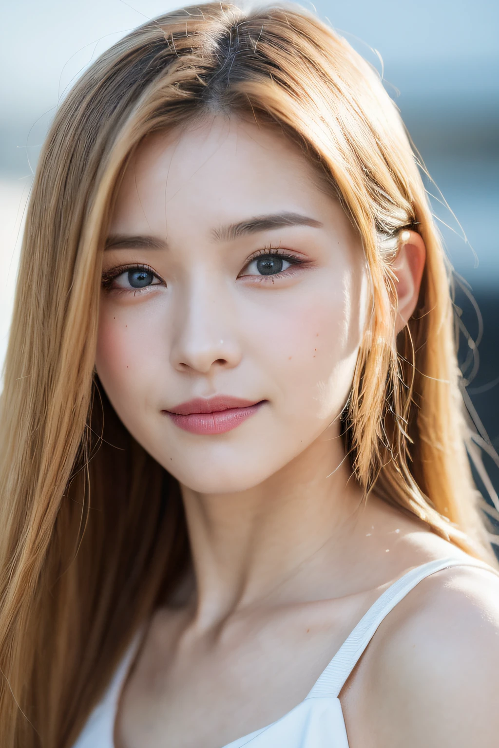 best quality, masterpiece, Highres, busy street shoot, chinese lady, happy and smile, Beautiful and perfect face, long blonde hair with Layer Cut, Simple and tight dress, Complex Details, Cinematic feel, 8K, highlydetailed、Big boobs、Shot from the waist up、hand on own chest, Distract your gaze、turning sideways、sideshot, ultra-detailed face, detailed lips, detailed eyes, double eyelid
