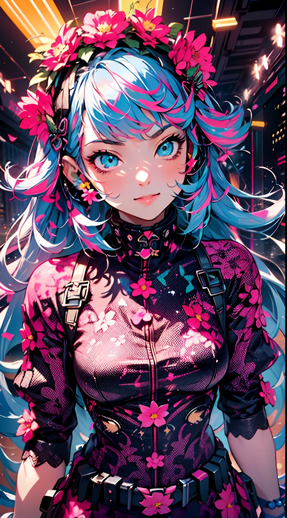 ((cyberpunked)),((flowercrown)),Optical camouflage、headset on head、Neon light、City of the Future、Glowing jumpsuit、(1girl in, Solo:1.6),(Cute smile),(Clothes are simple), (Best Impact:1.5), (maximalism:1.7), Vivid contrast, (Realistic), hyperrealistic illustrations, hight resolution, ultra-detailliert, absurderes,(Fractal Art:1.3)、Random hairstyle、Random hair color colorful、FULL BODYSHOT、Retro、Precise focus、randome pose、cinema4d、Drama
