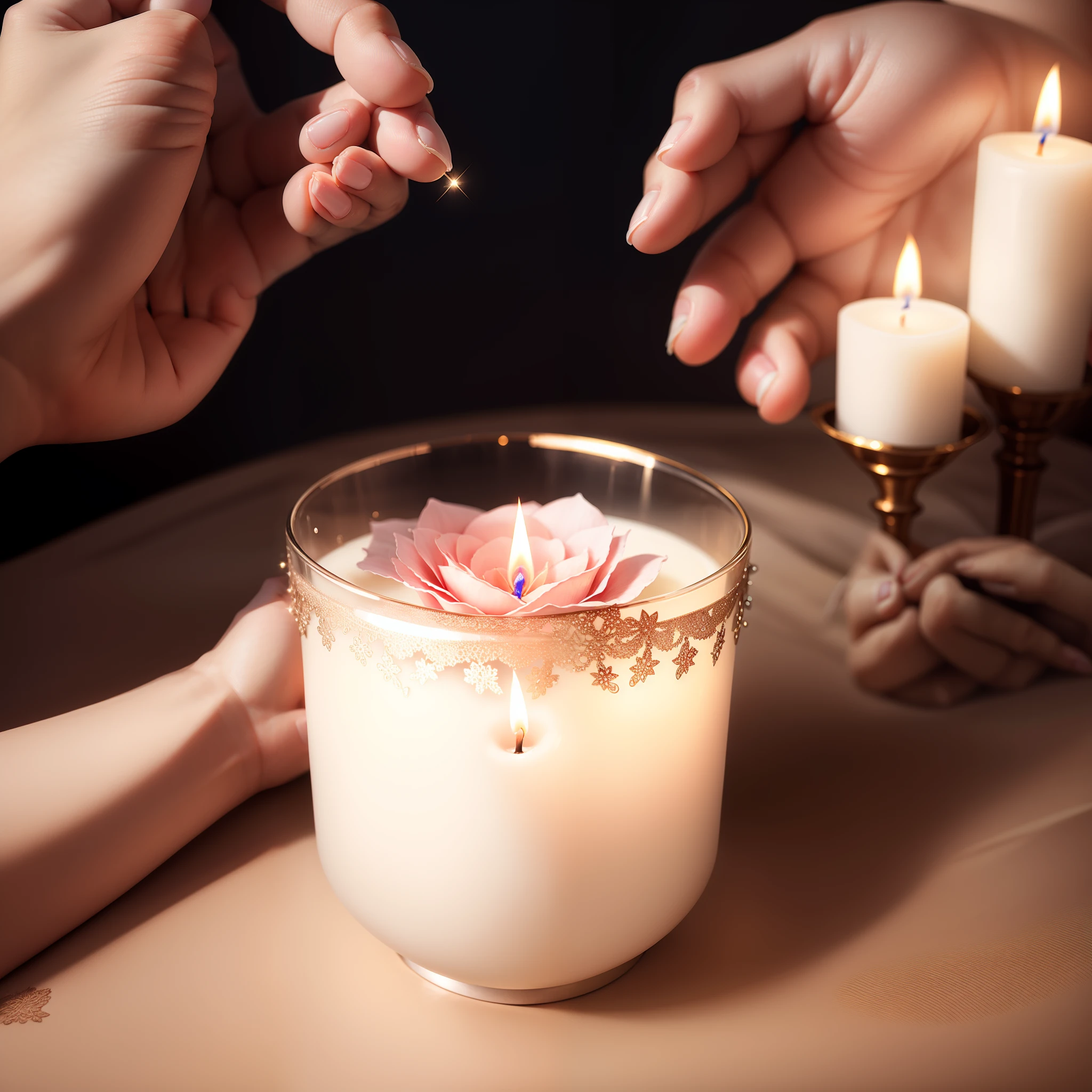 Photo of realistic hand holding flower candle, Vela rosa, vela com glitter, vela com chama iluminada, super realista, Hiper realista, 8k.