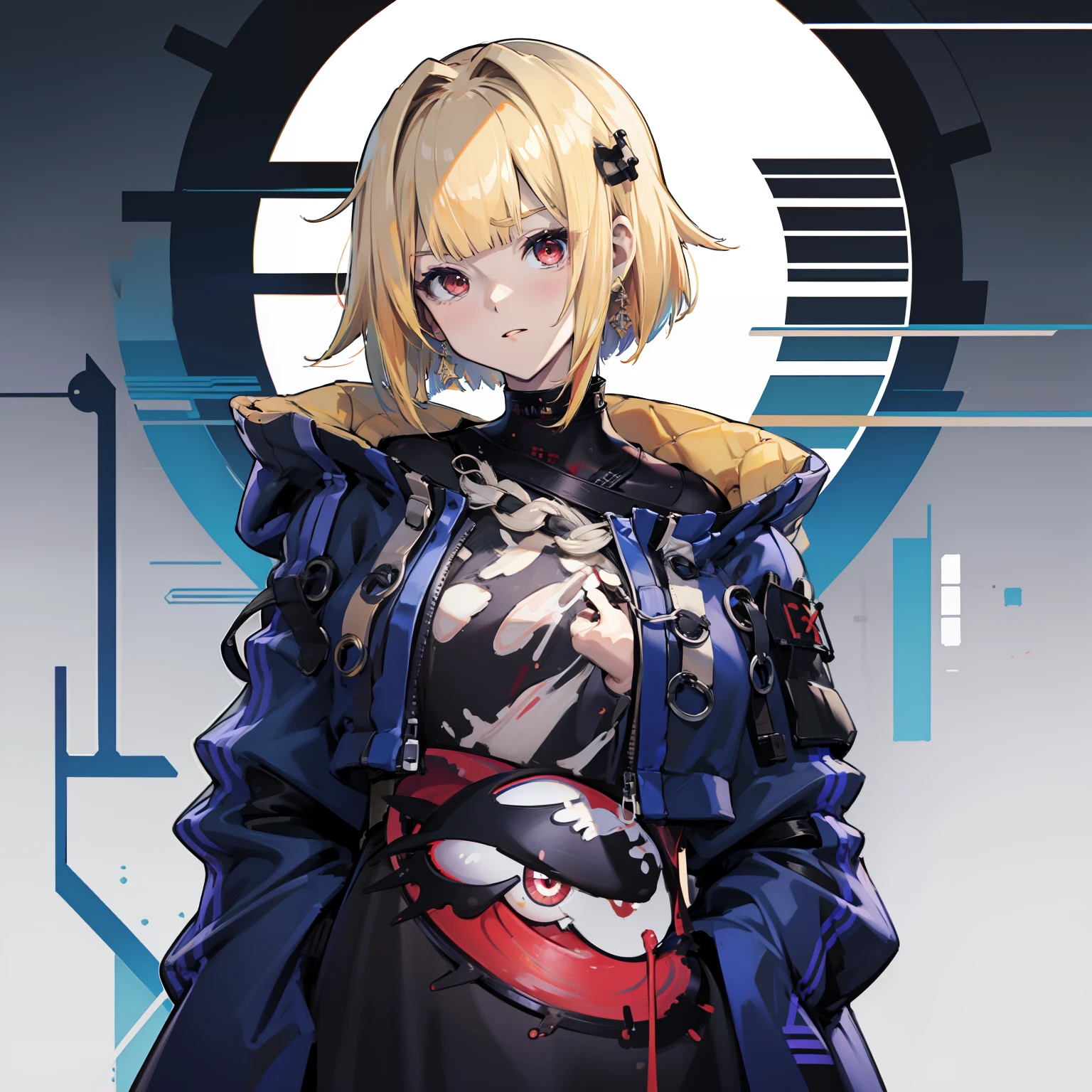 独奏、Sateen、natta、multicolored hair、short-hair、Red Eyes、Hanging、cyberpunked、Dabo Dabo Hoodie、The upper part of the body、​masterpiece、top-quality、tre anatomically correct、in 8K