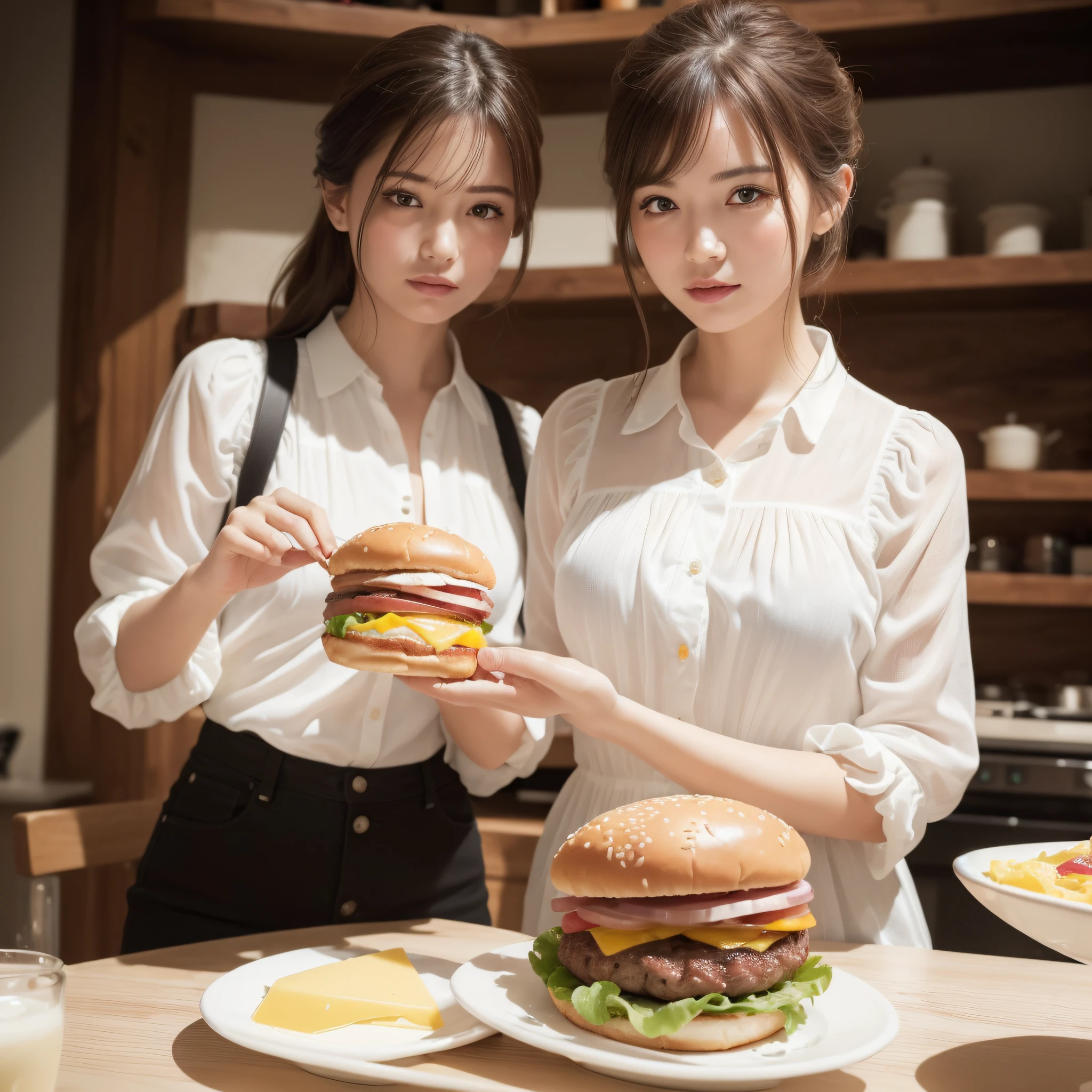 (photorealistic:1.4), ((Best quality, 8k, Masterpiece :1.3)), raw photo, a delicious triple meat hamburger with bacon and yellow cheese, A pretty girl in a white frilly blouse is looking at the hamburger, half body shot, wide angle lens