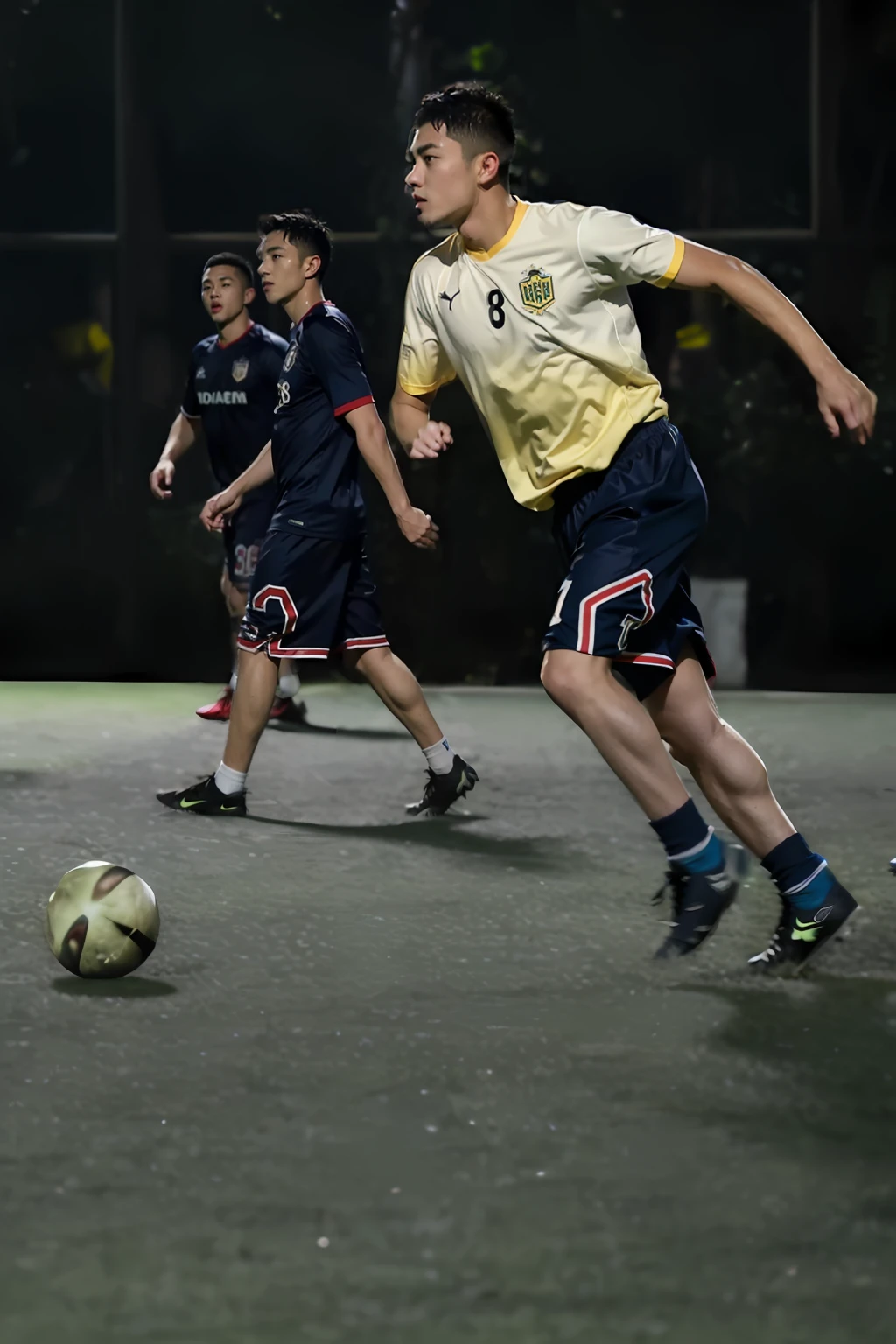 There are two men playing football on the pitch at night, taken with canon 8 0 d, dribbble, play soccer, action shot, taken with canon eos 5 d, Shot on Canon EOS R 6, taken with a canon eos 5d, taken with a canon eos 5 d, taken with canon eos 5 d mark iv, on a football field