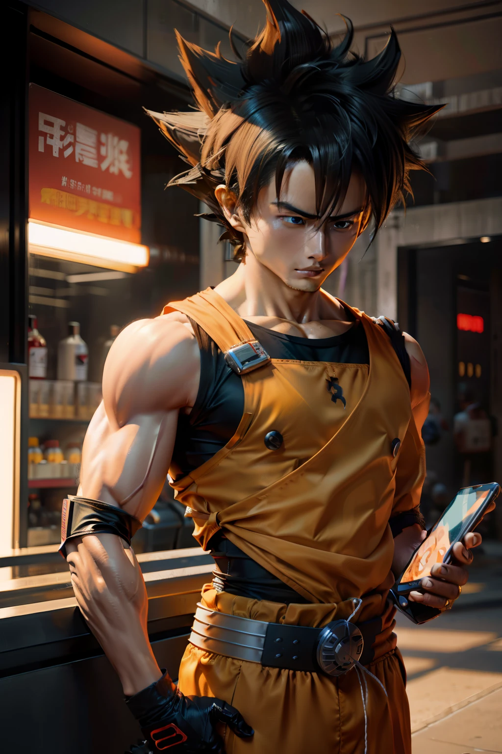 son goku，droid，playing with mobile phone，Metal style