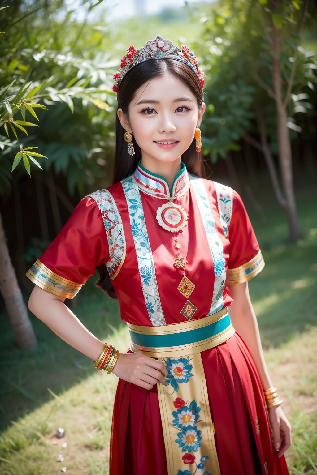 (8K分辨率,Vista full body photo),(1womanl,20yr old,(Facial features of Thai Aom:1.8,s delicate face),详细的脸,Redlip,Fair smooth skin,(Classic Hmong costume:1.4,(breastsout、The back is trimmed with floral cloth,The cuffs are multi-colored horizontal bars,Cardigans,Wear short waist-length),Headband silver crown(Silver crown(styling:It is quadrangular and protruding,Wrapped around such as a spiral or eccentricity,Various patterns are printed on the plane),Silver item(Silver collars range from small to large with up to seven circles),silver necklace,Bun hairpin),(pleatedskirt,There is a waistband(Miao embroidery、batik)),耳Nipple Ring,bangle,Tall and tall,The action of conversation,perfect hand,Ultra-fine clothing material),(Traditional Xijiang Miao village,Festive party night background in cottage house,Exquisite environmental details),(exhilarated,confident smile,Rejoice),(profesional lighting,动态照明),((The colors are more balanced,(black in color,blue colors,red colour))),(Golden section,Cinema lenses,Hasselblad photograp,tmasterpiece:1.3),(Miaozhai idol,Focus in the field,trendsetting,Folklore artist,Art platform)