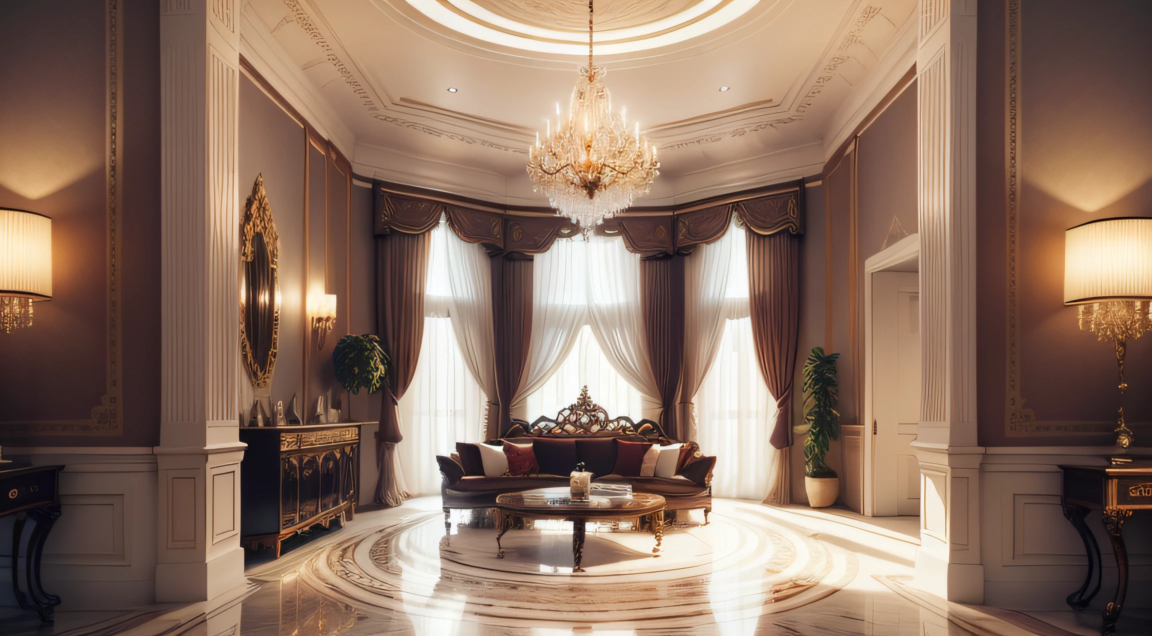After entering the living room of the villa, You are greeted by pristine polished marble floors, Soaring plaster ceilings and glittering crystal chandeliers stand out. Your gaze is drawn to a delicate and detailed mural, Depicting classical scenes with extraordinary skill. The ornately carved wooden furniture showcases impeccable craftsmanship, Immerse yourself in a luxurious velvet sofa, You immerse yourself in the tactile comfort of the silk interior. The walls are decorated with elaborately carved classical artwork, Light and shadow intertwined, Create breathtaking artistic tapestries.
